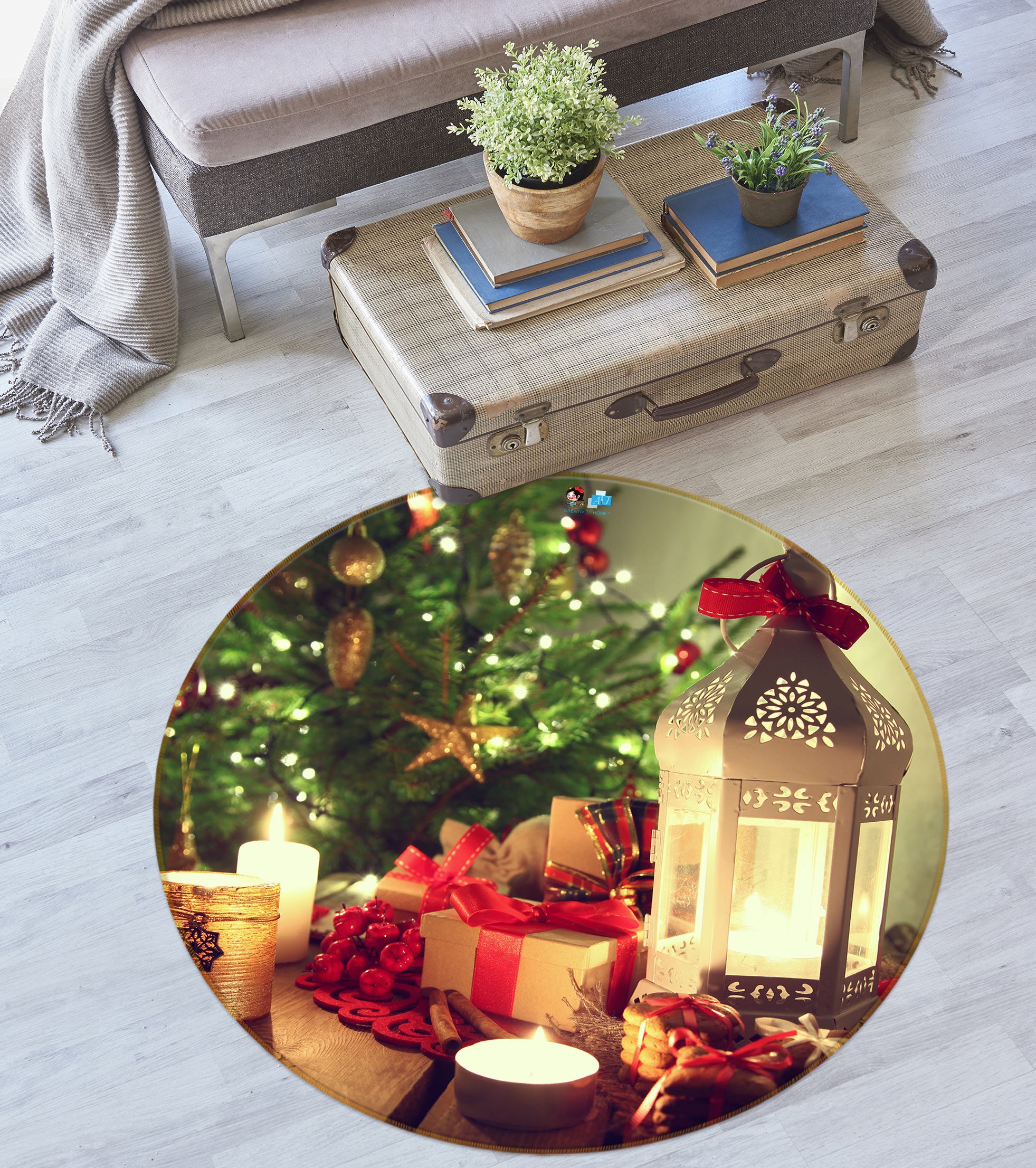 3D Candle Light Gift 55172 Christmas Round Non Slip Rug Mat Xmas