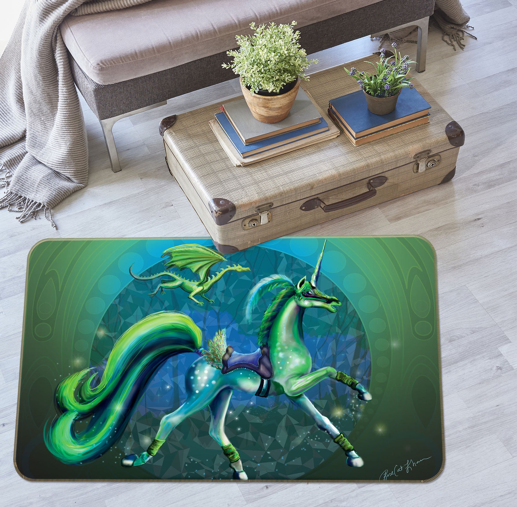 3D Green Unicorn 3020 Rose Catherine Khan Rug Non Slip Rug Mat
