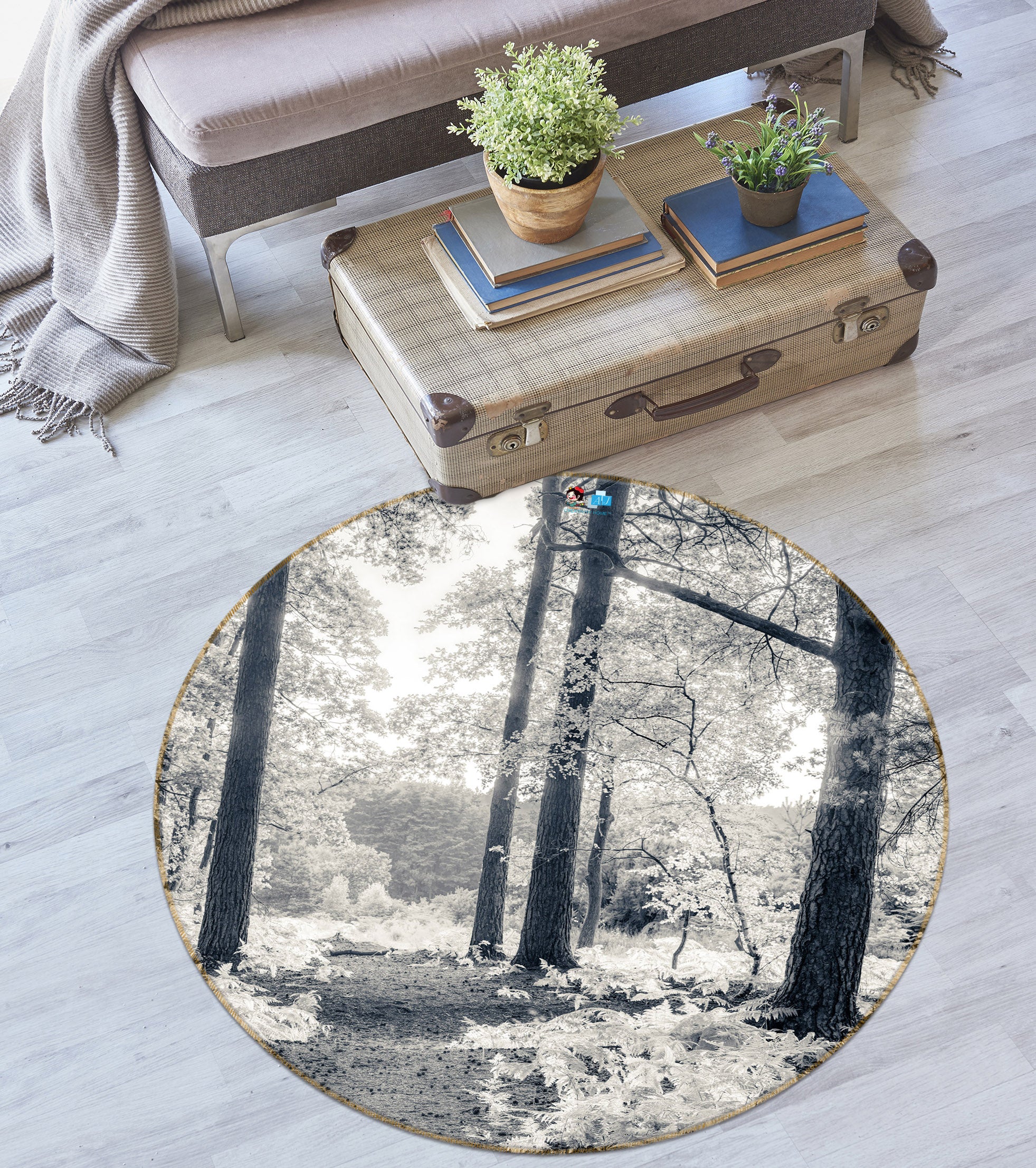 3D White Leaf 7411 Assaf Frank Rug Round Non Slip Rug Mat