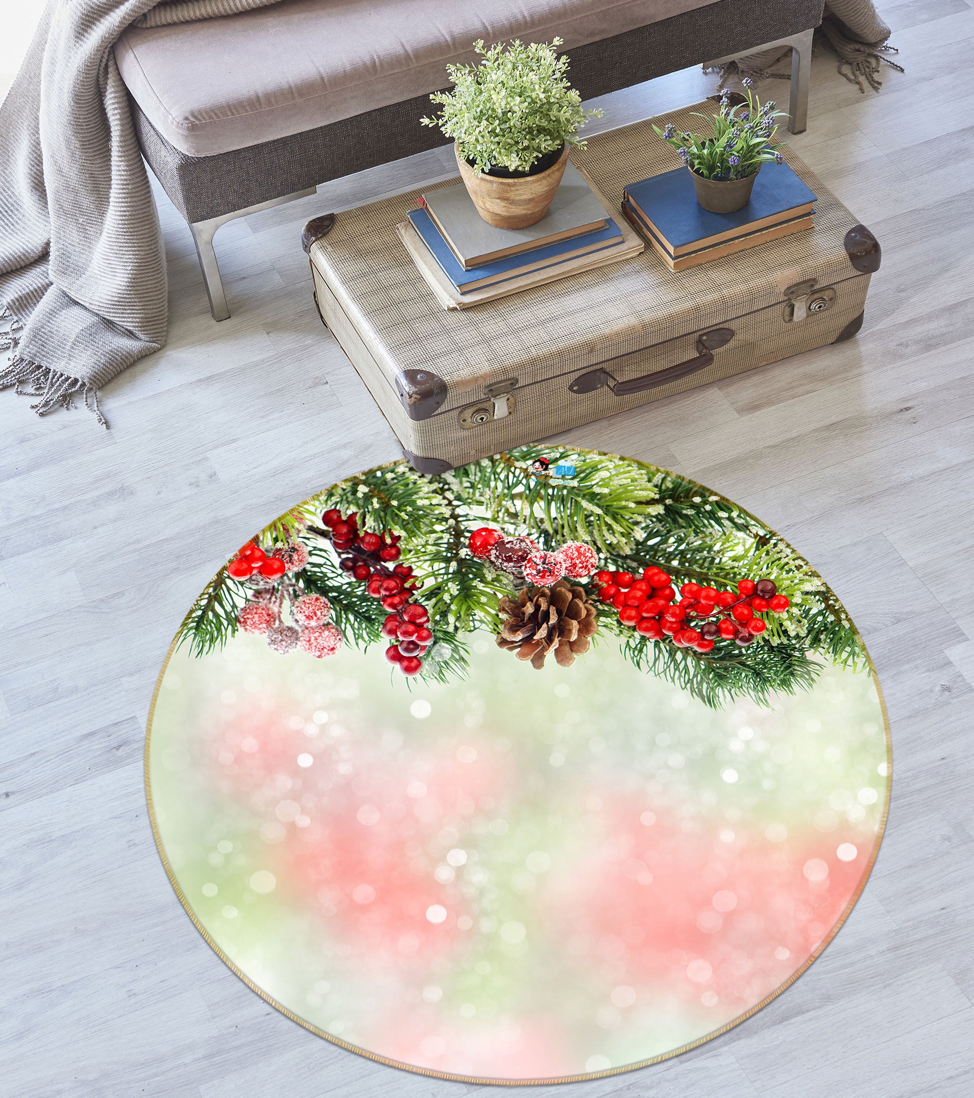 3D Branches Snow 56014 Christmas Round Non Slip Rug Mat Xmas