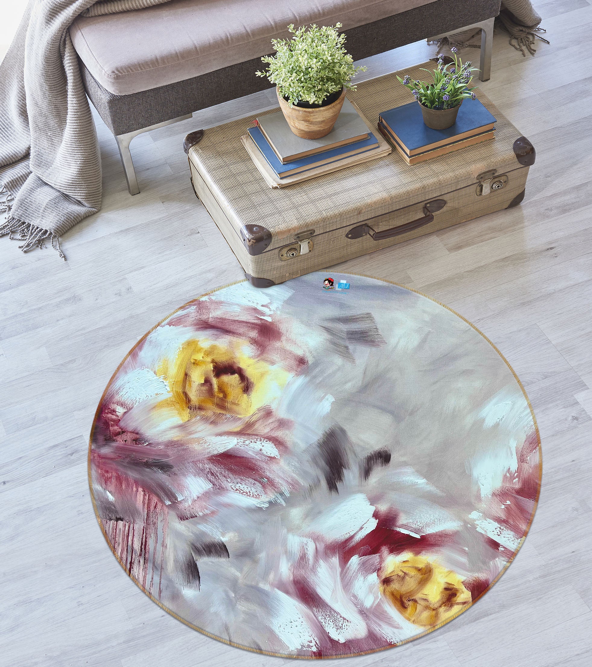3D Painted Flowers 4034 Skromova Marina Rug Round Non Slip Rug Mat