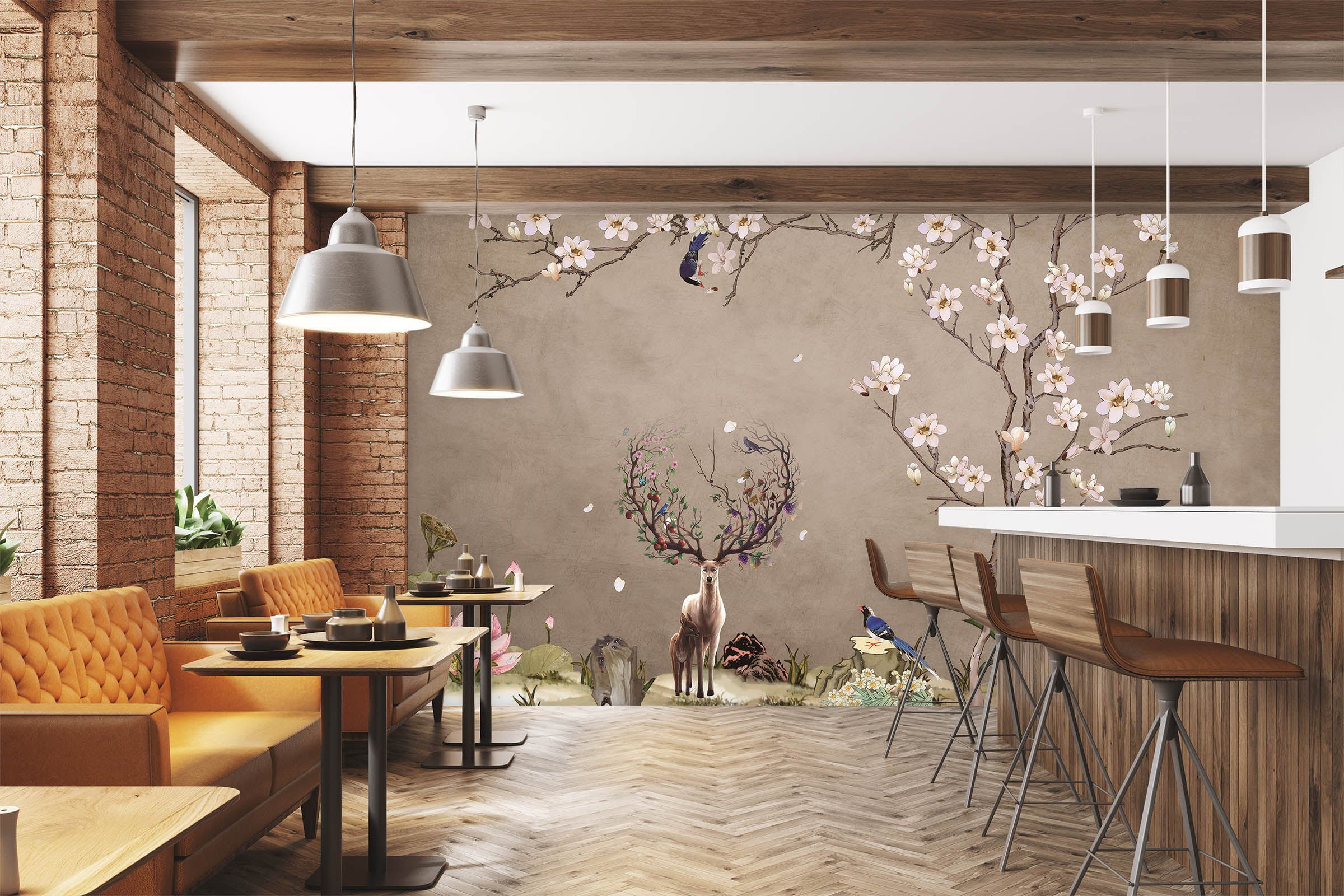 3D Flower Deer 1440 Wall Murals