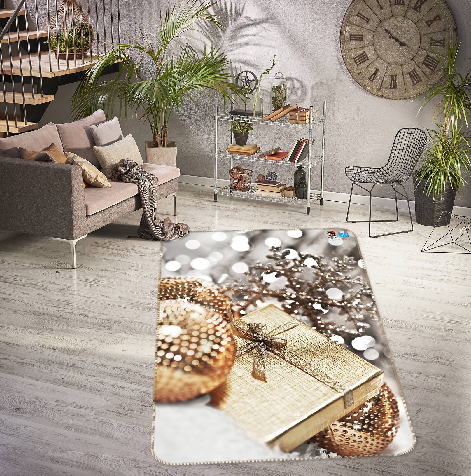 3D Golden Ball Gift Box 56181 Christmas Non Slip Rug Mat Xmas