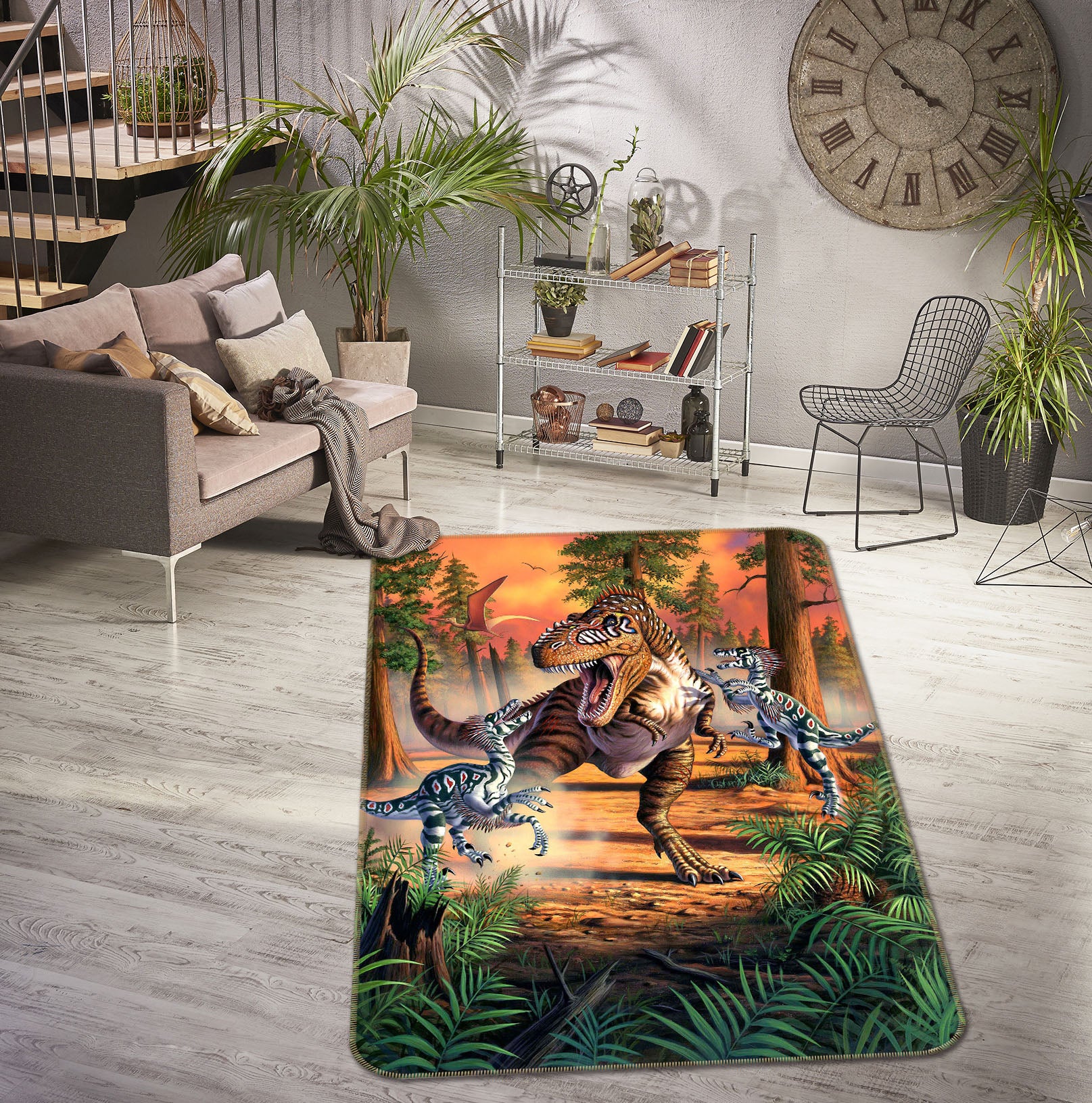 3D Dino Battle 1005 Jerry LoFaro Rug Non Slip Rug Mat