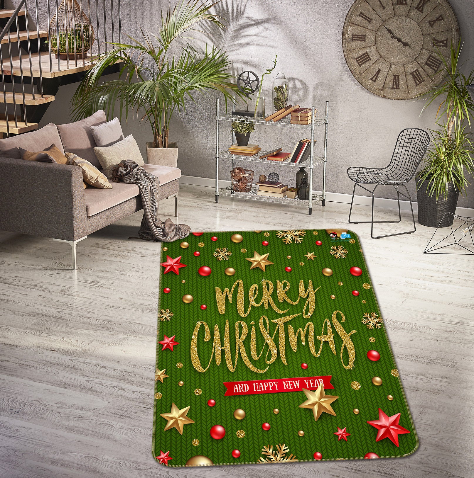3D Gold Letters Green Background 57034 Christmas Non Slip Rug Mat Xmas