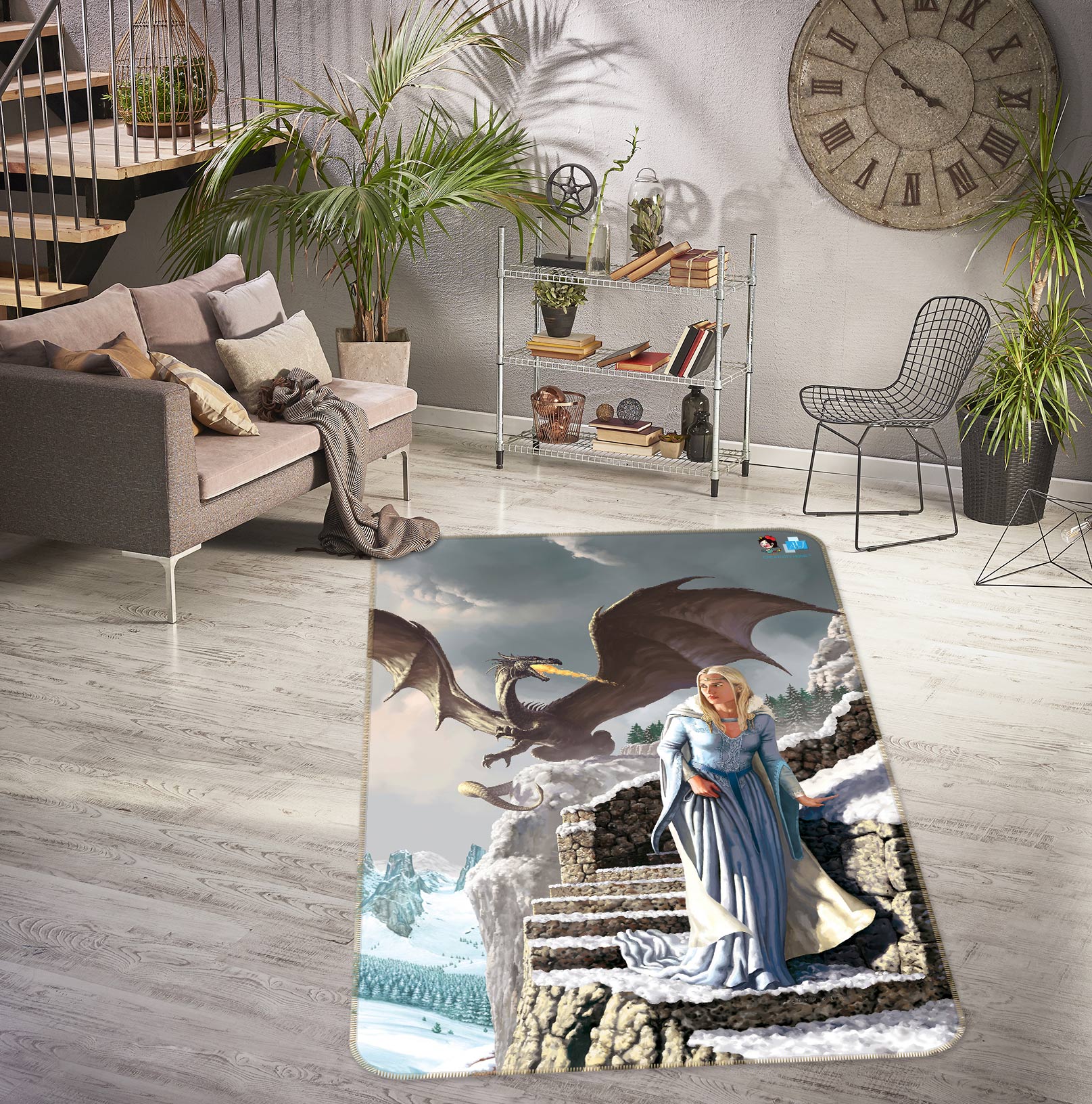 3D Dragon Stone Stairs People 6015 Ciruelo Rug Non Slip Rug Mat