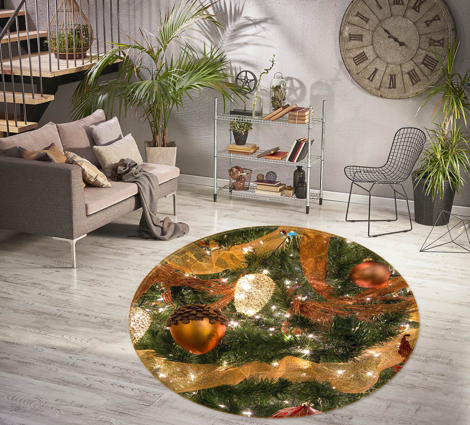 3D Pine Cones 55202 Christmas Round Non Slip Rug Mat Xmas