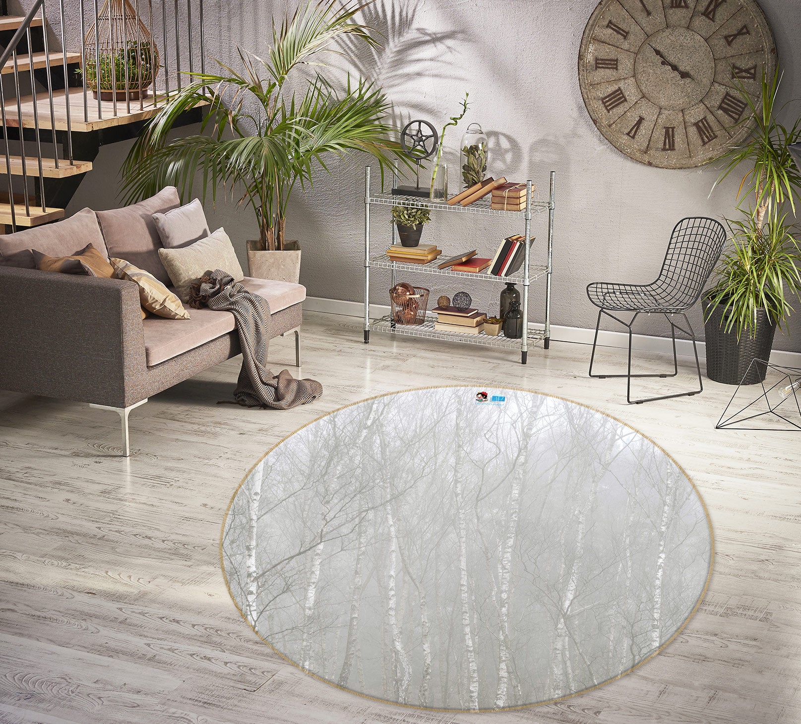 3D White Woods 7608 Assaf Frank Rug Round Non Slip Rug Mat
