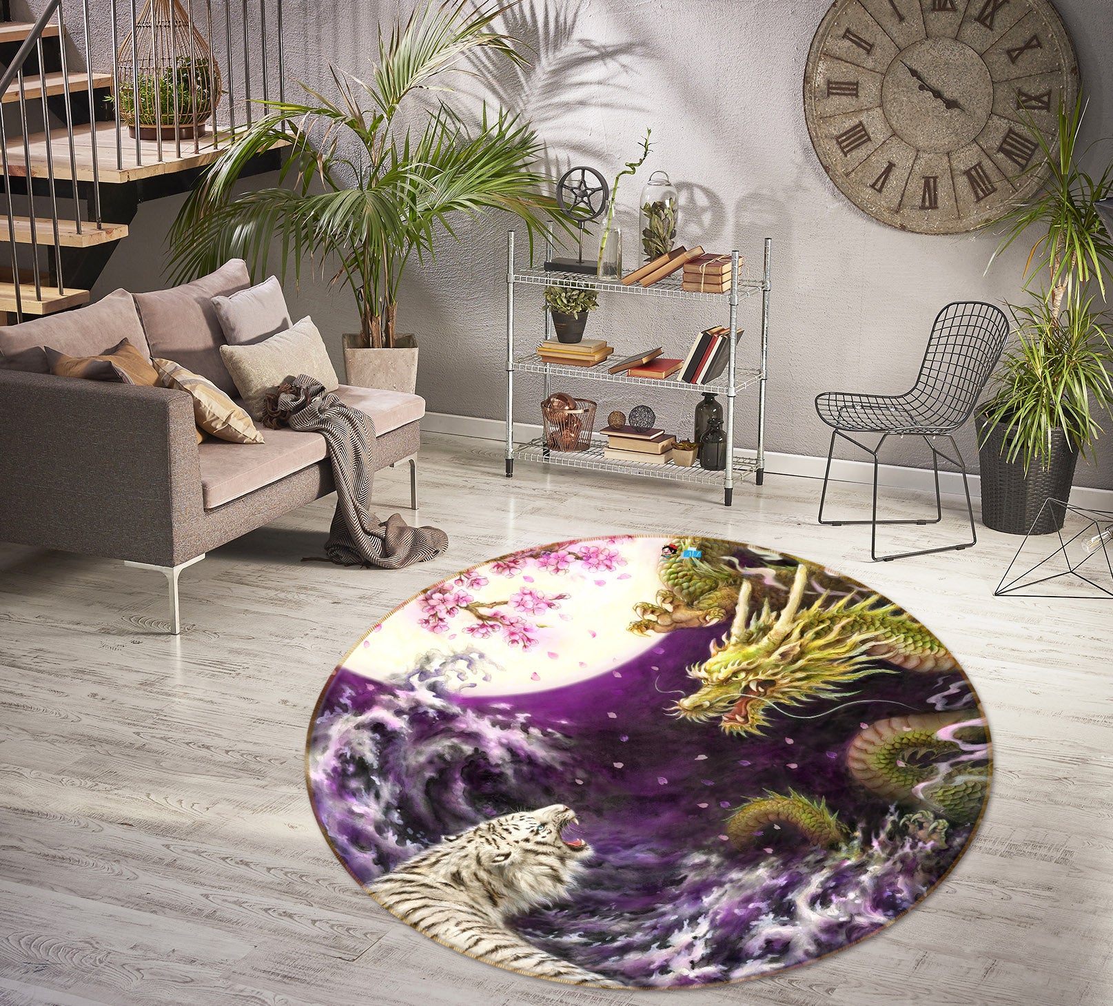 3D Tiger Dragon 6038 Kayomi Harai Rug Round Non Slip Rug Mat