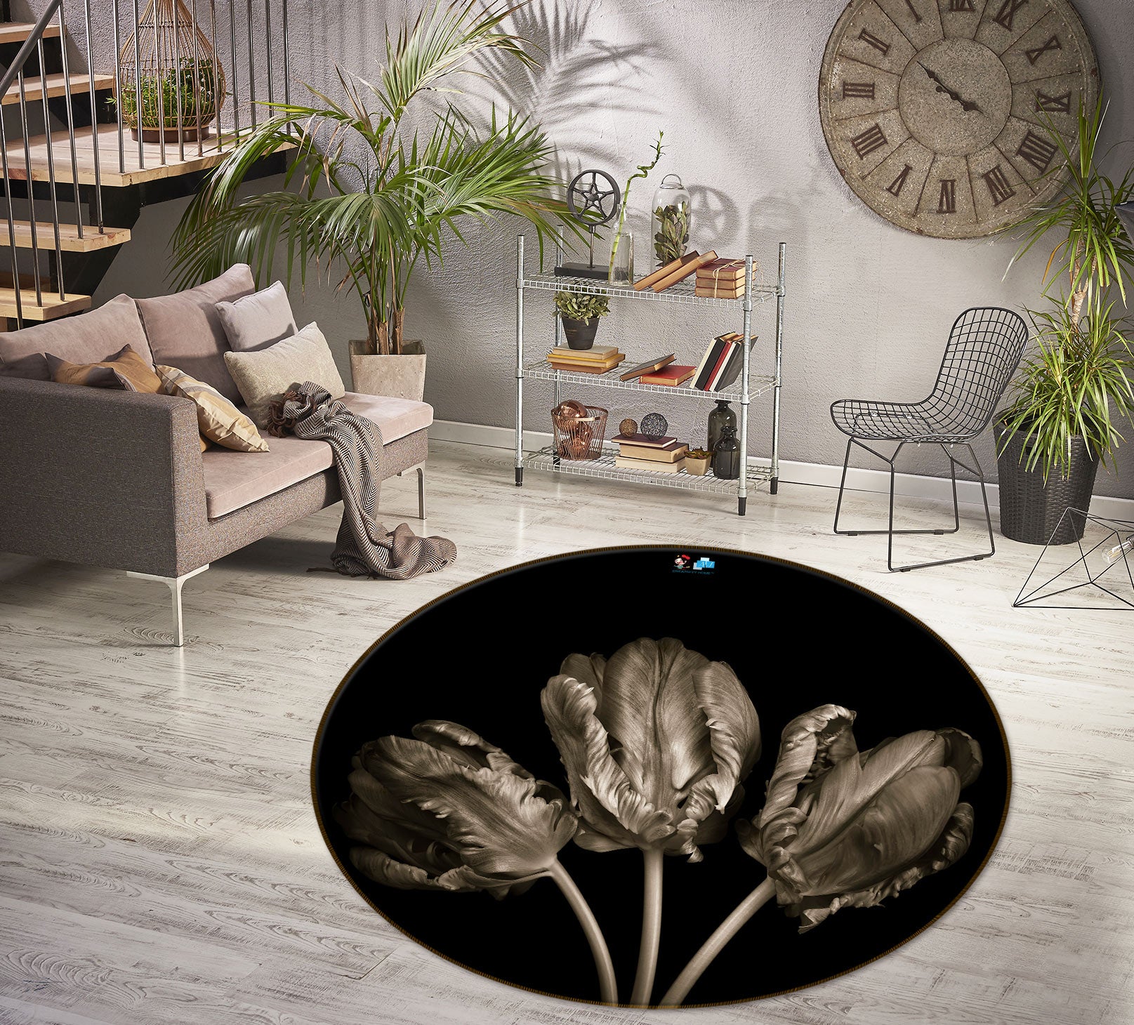 3D Gray Flower 7506 Assaf Frank Rug Round Non Slip Rug Mat