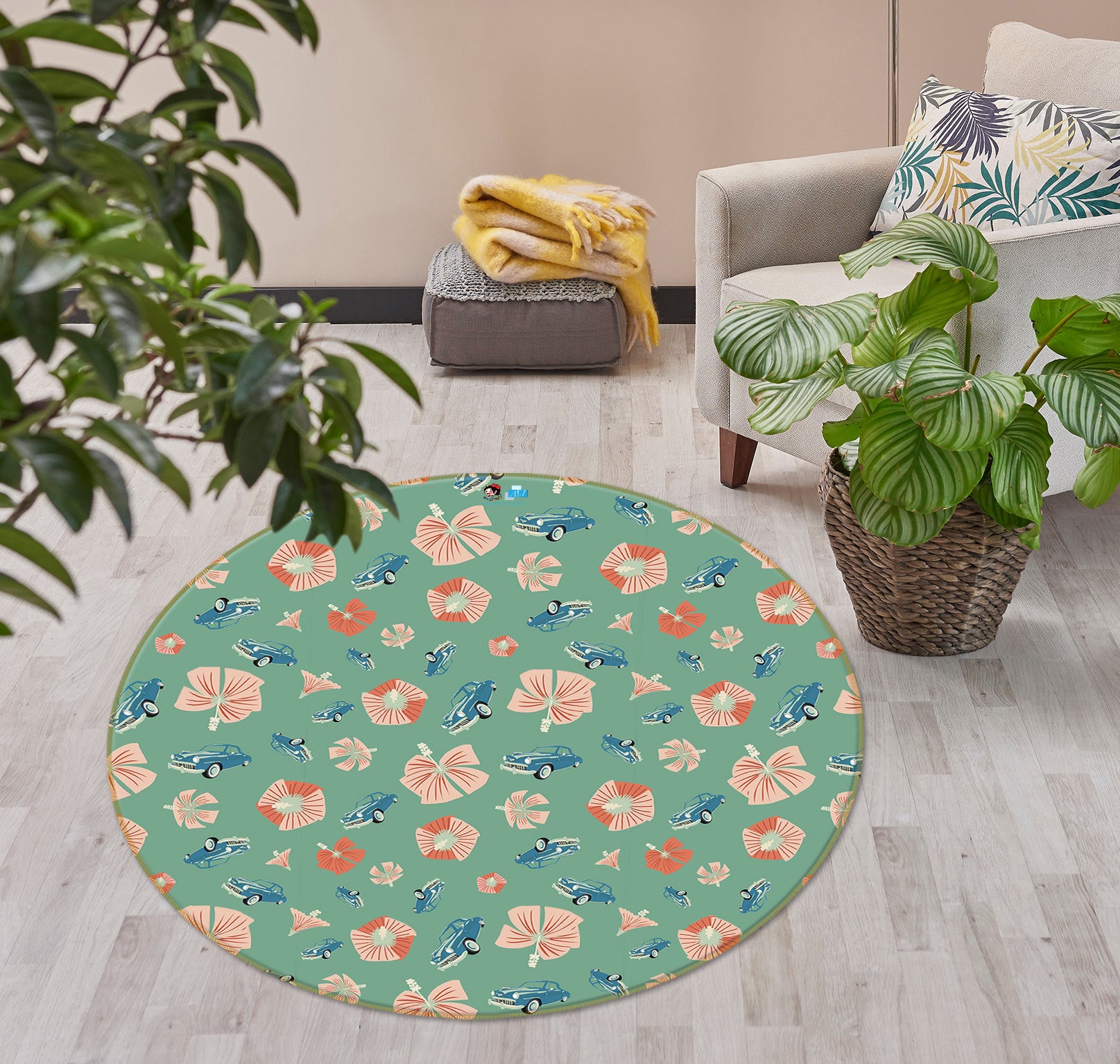 3D Blue Car Pink Flowers 9893 Kasumi Loffler Rug Round Non Slip Rug Mat
