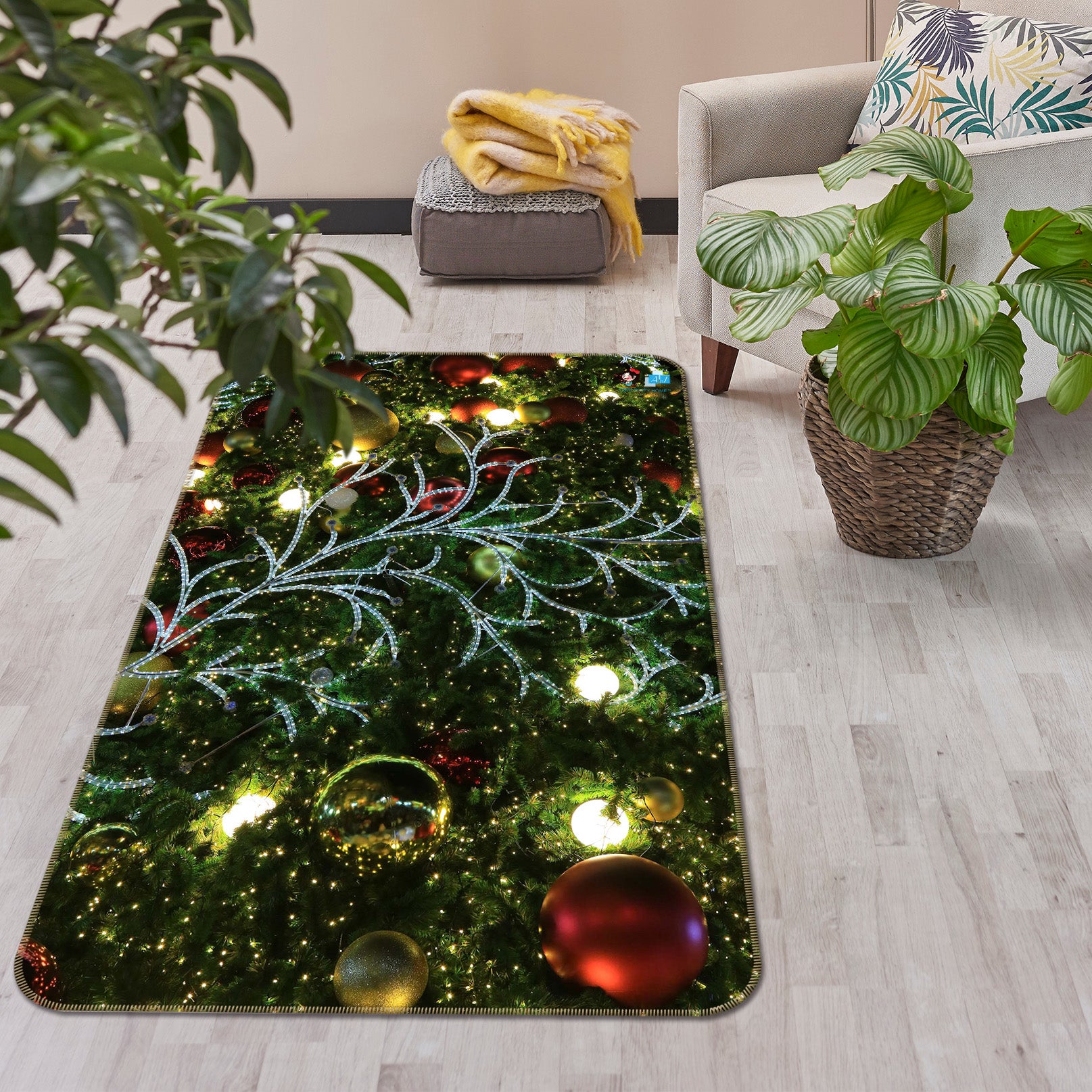 3D Branches Ball Lights 57036 Christmas Non Slip Rug Mat Xmas