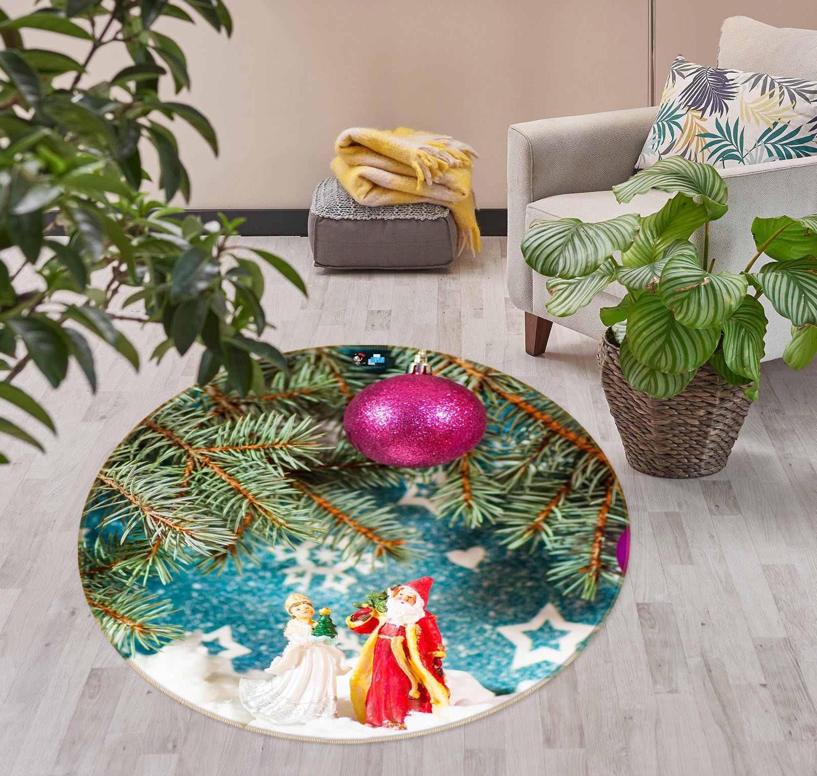 3D Santa Claus Ornaments 55219 Christmas Round Non Slip Rug Mat Xmas