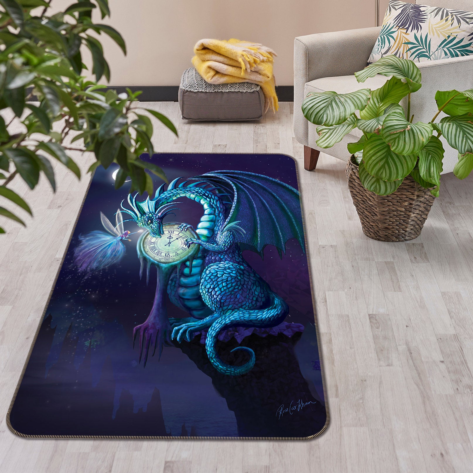 3D Clock Dragon 3034 Rose Catherine Khan Rug Non Slip Rug Mat