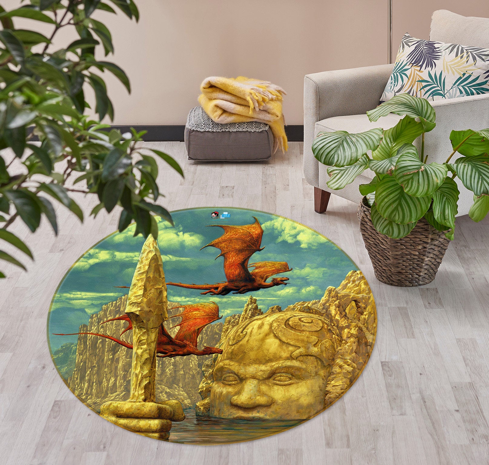 3D Statue Pterosaur 6115 Ciruelo Rug Round Non Slip Rug Mat