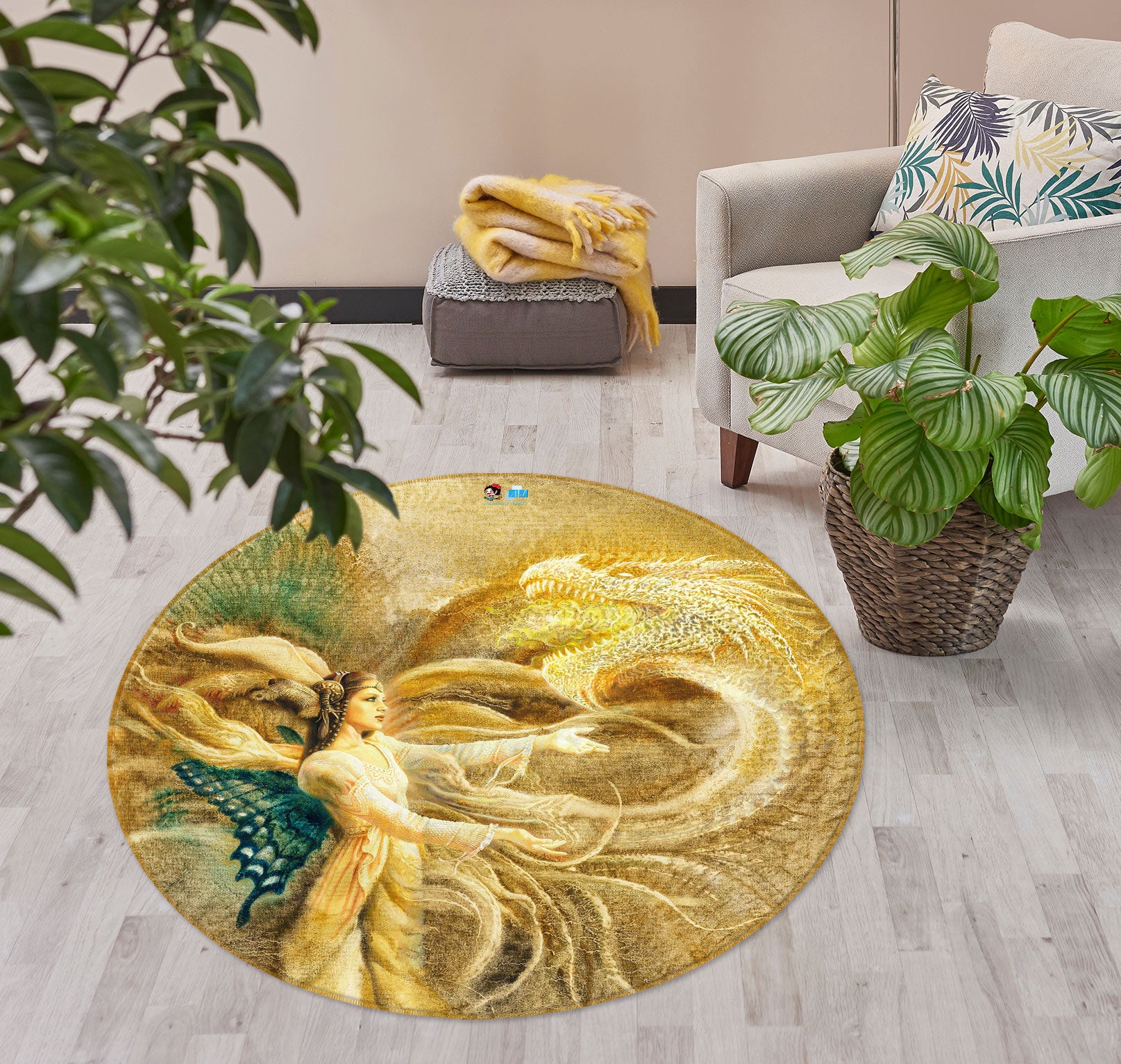 3D Butterfly Wings Golden Elf 6152 Ciruelo Rug Round Non Slip Rug Mat