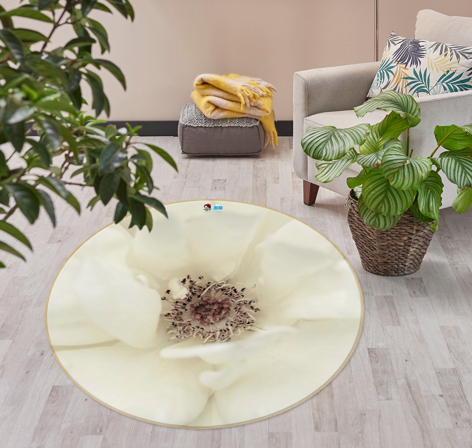 3D White Flower 7599 Assaf Frank Rug Round Non Slip Rug Mat