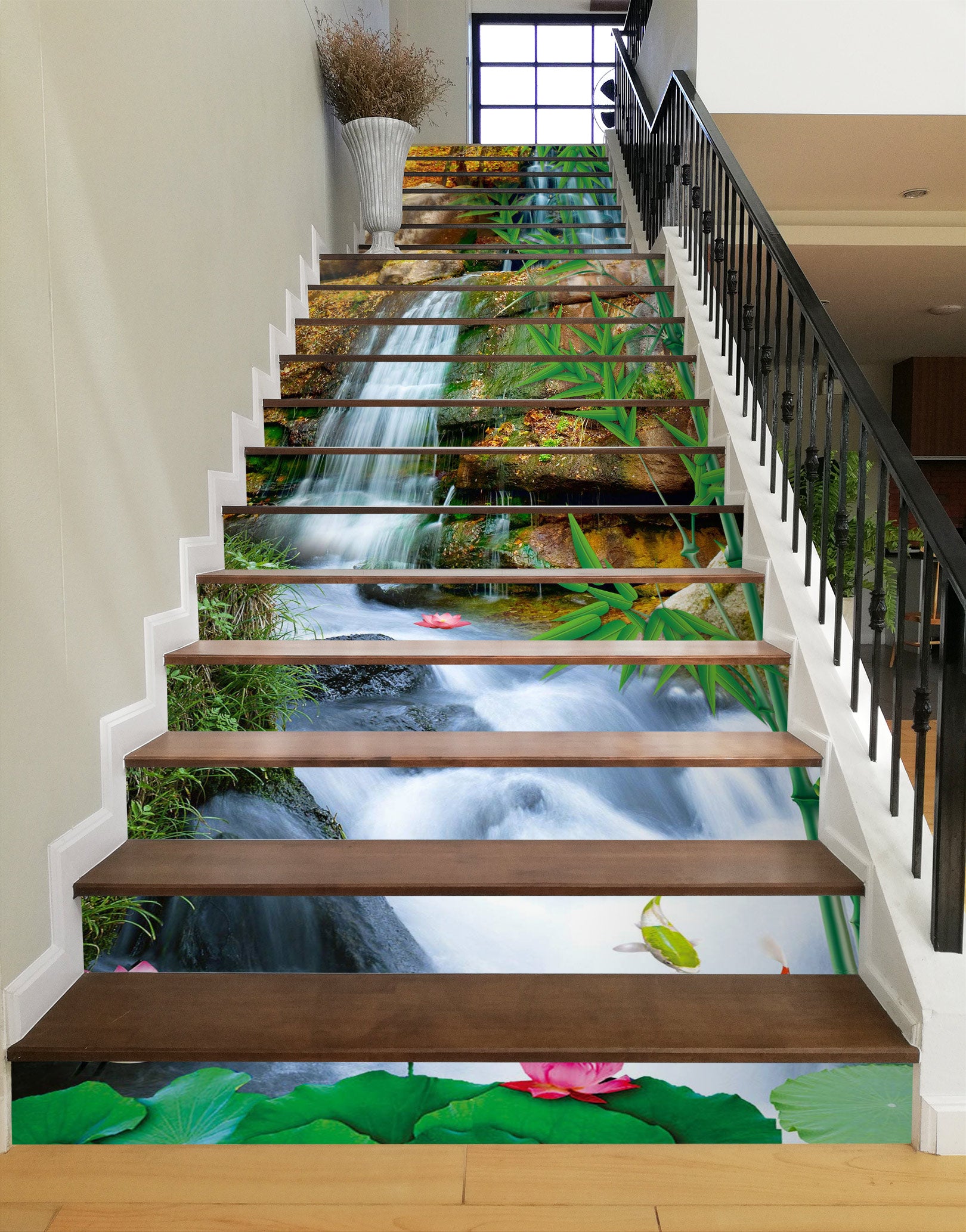 3D Waterfall And Lotus 053 Stair Risers