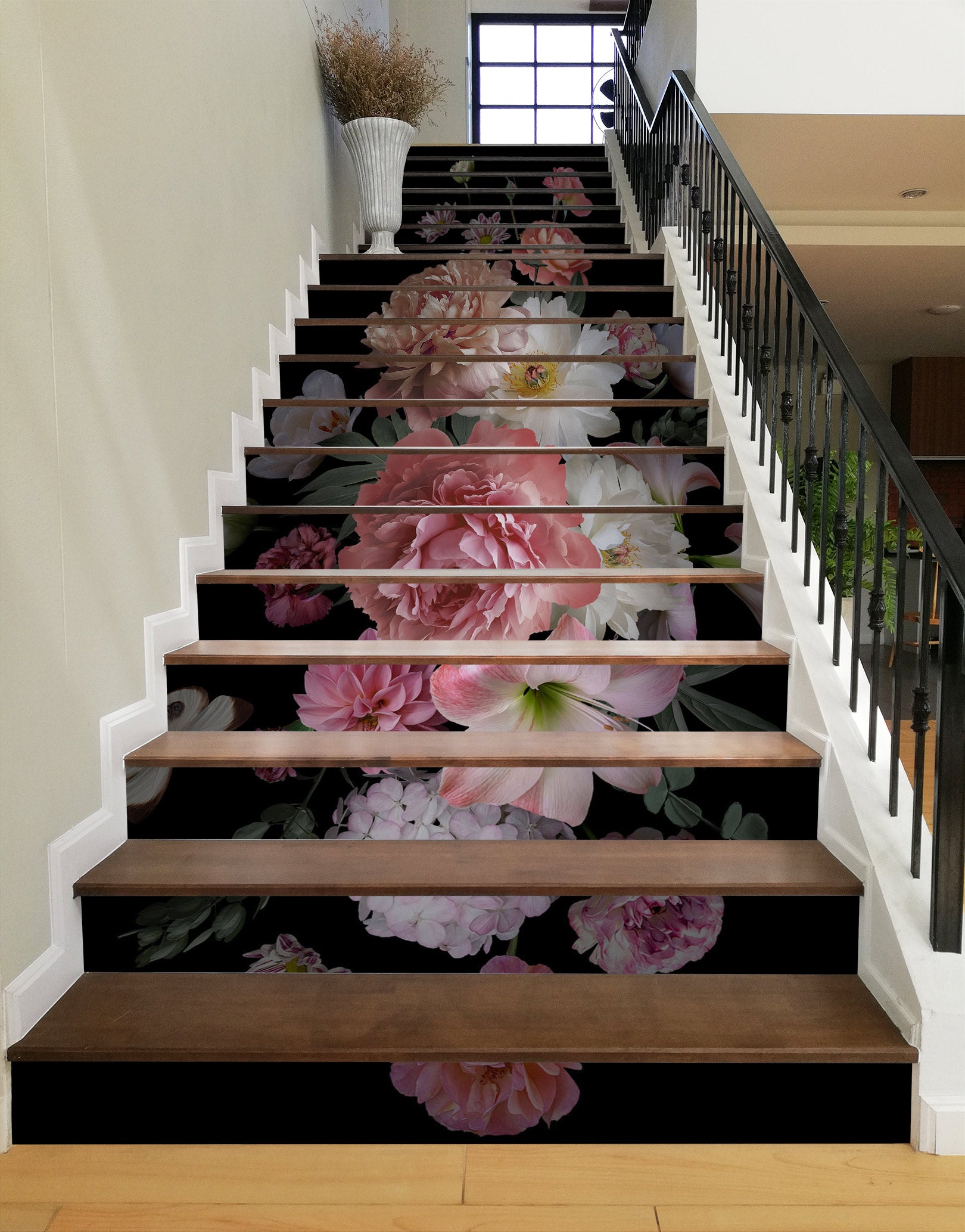 3D Different Flowers In Black 519 Stair Risers