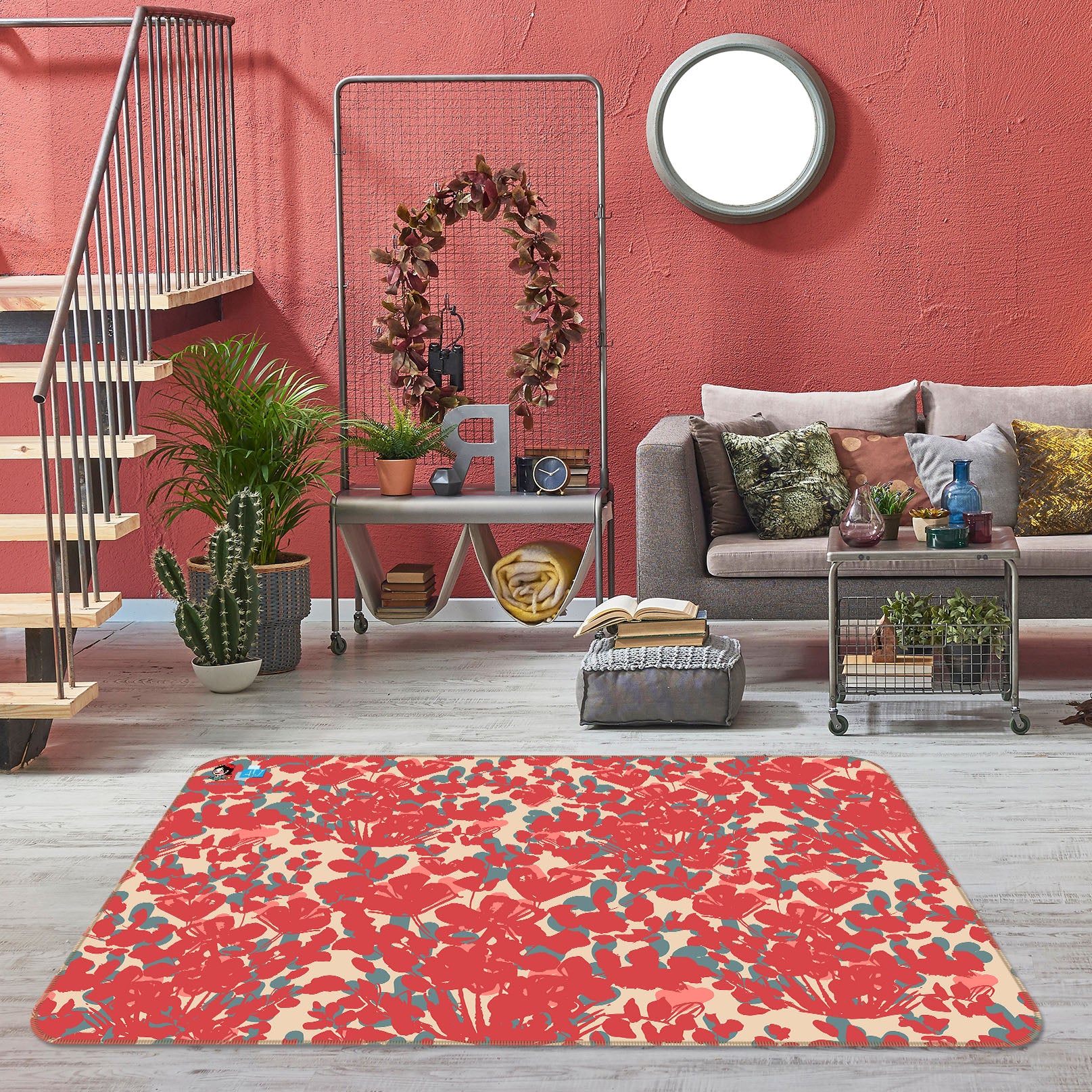 3D Red Flower Clump Pattern 107116 Kashmira Jayaprakash Rug Non Slip Rug Mat