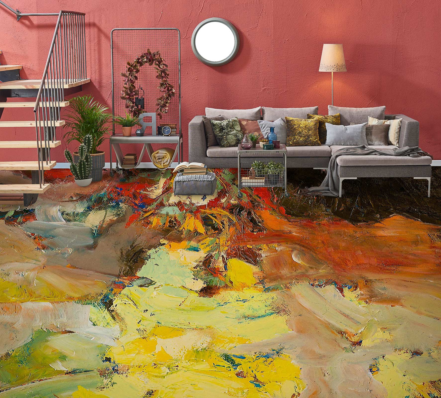 3D Yellow-Red Paint Pattern 9515 Allan P. Friedlander Floor Mural Wallpaper Murals Self-Adhesive Removable Print Epoxy