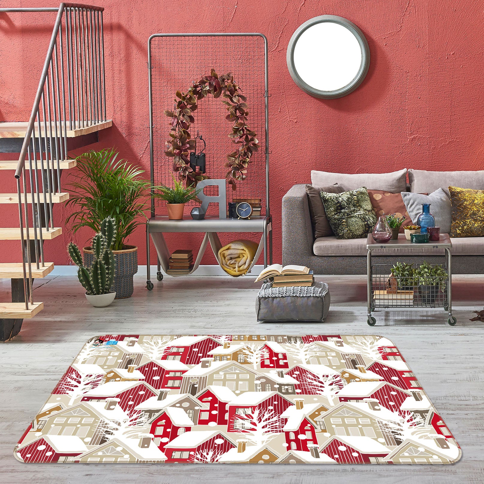 3D Red Snow House 56241 Christmas Non Slip Rug Mat Xmas