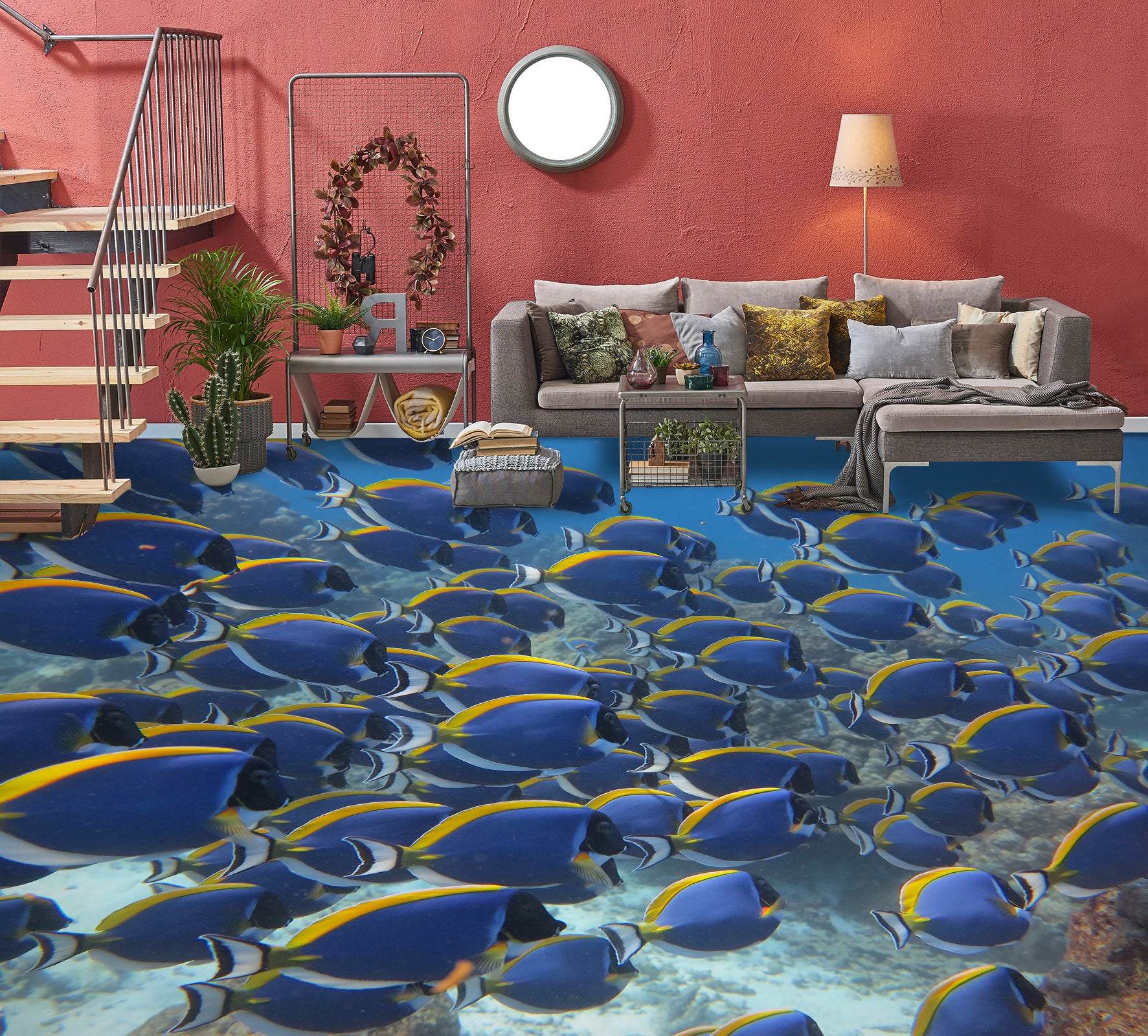 3D Blue-yellow Fish 629 Floor Mural Wallpaper Murals Rug & Mat Print Epoxy waterproof bath floor