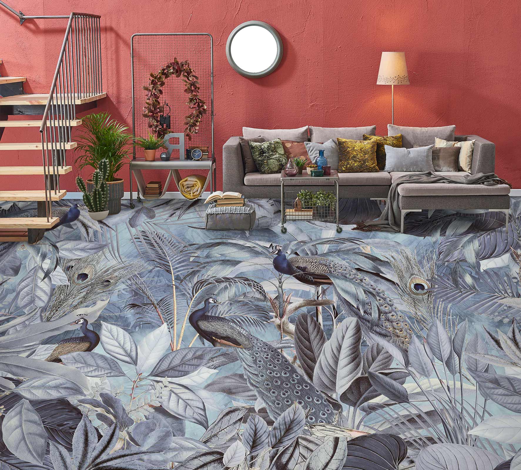 3D Grey Peacock Leaves Grove 10037 Andrea Haase Floor Mural Wallpaper Murals Self-Adhesive Removable Print Epoxy