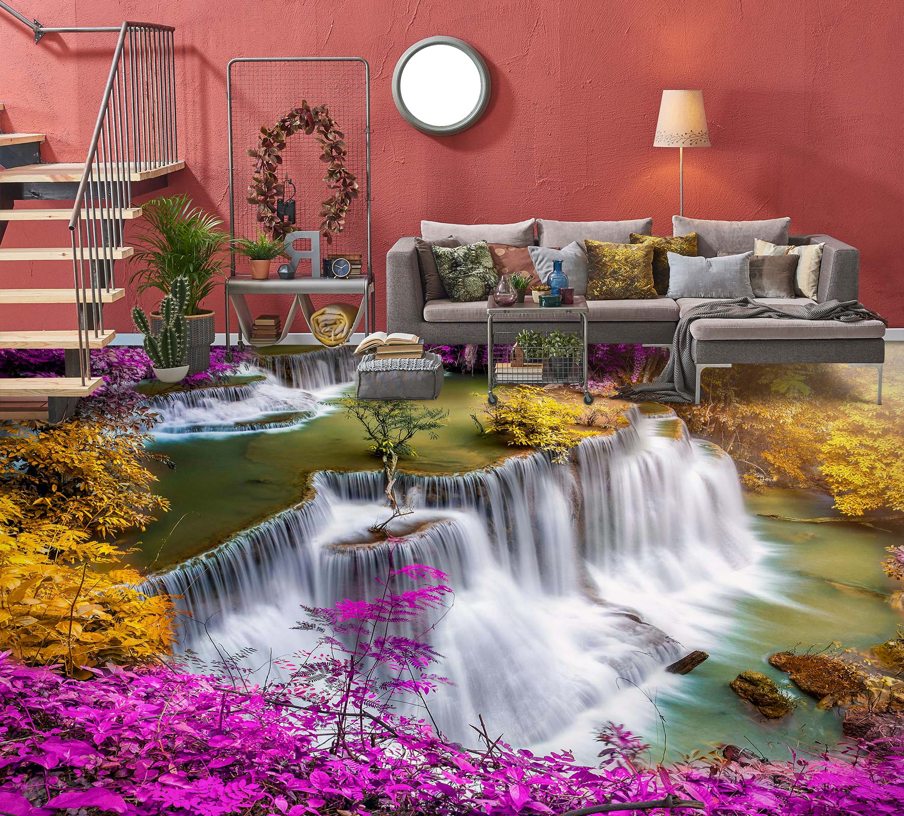 3D Waterfall And Purple Leaves 1168 Floor Mural Wallpaper Murals Self-Adhesive Removable Print Epoxy