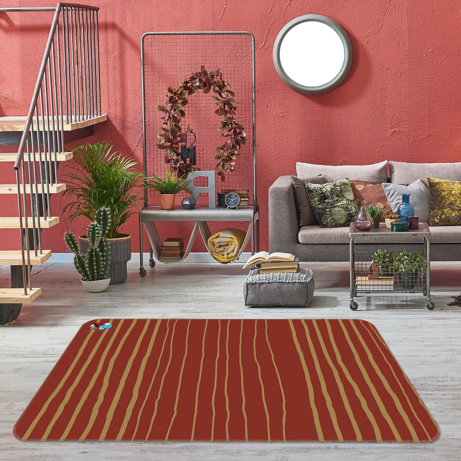 3D Red Yellow Stripes 9883 Kasumi Loffler Rug Non Slip Rug Mat