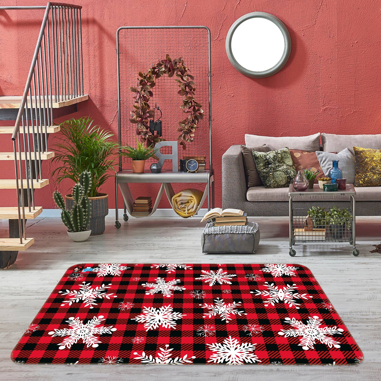 3D Red Black Lattice Snowflake 56161 Christmas Non Slip Rug Mat Xmas