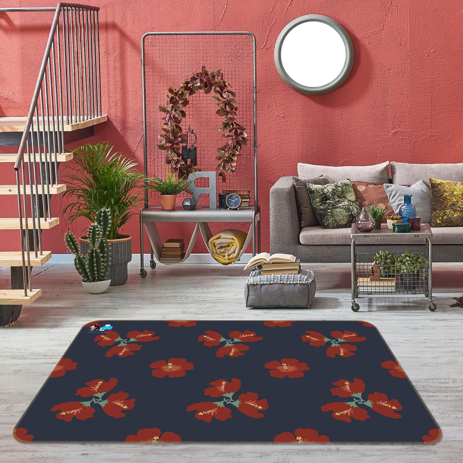 3D Red Flowers Pattern 9880 Kasumi Loffler Rug Non Slip Rug Mat