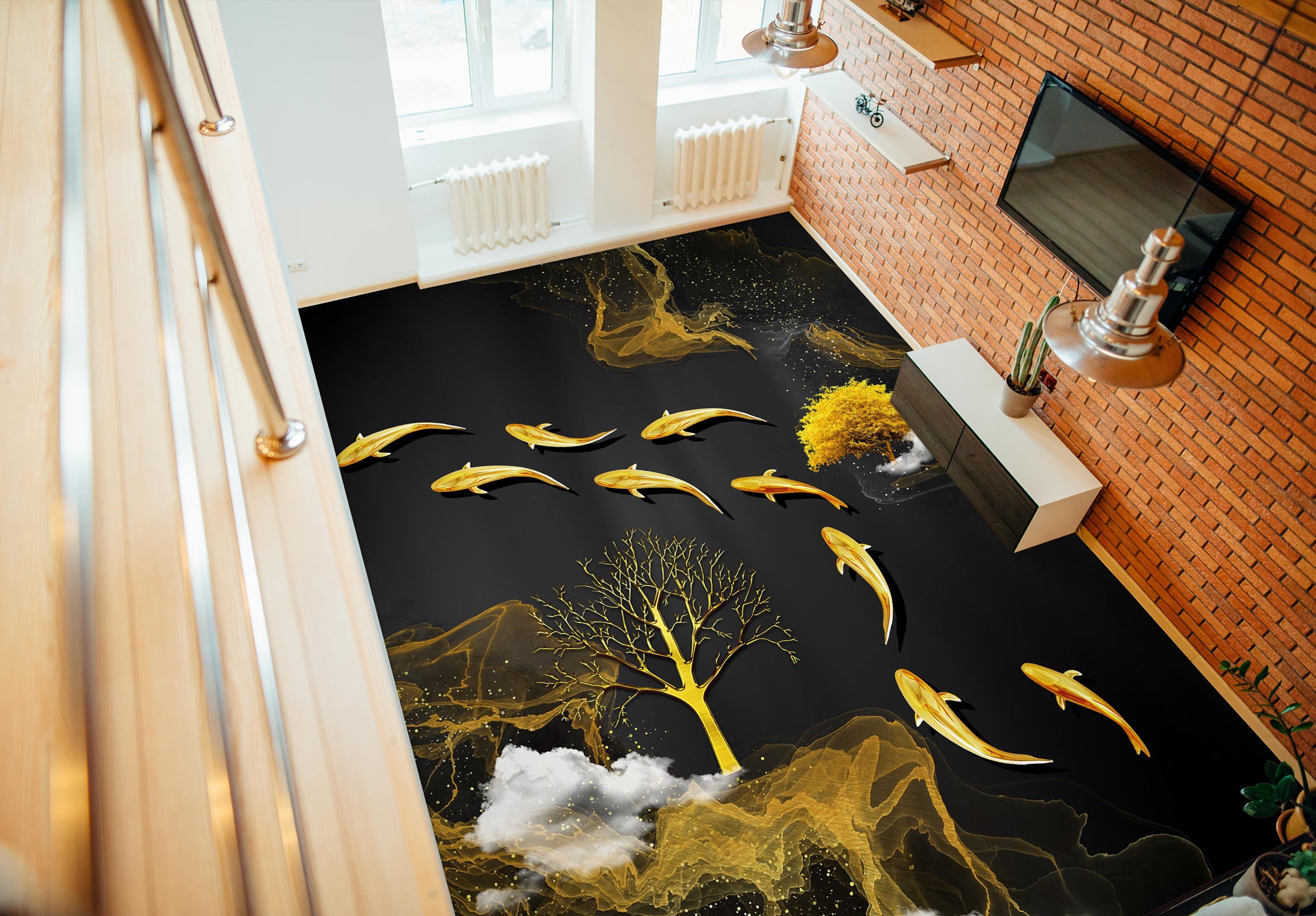 3D Leisurely Golden Fish 1203 Floor Mural Wallpaper Murals Self-Adhesive Removable Print Epoxy