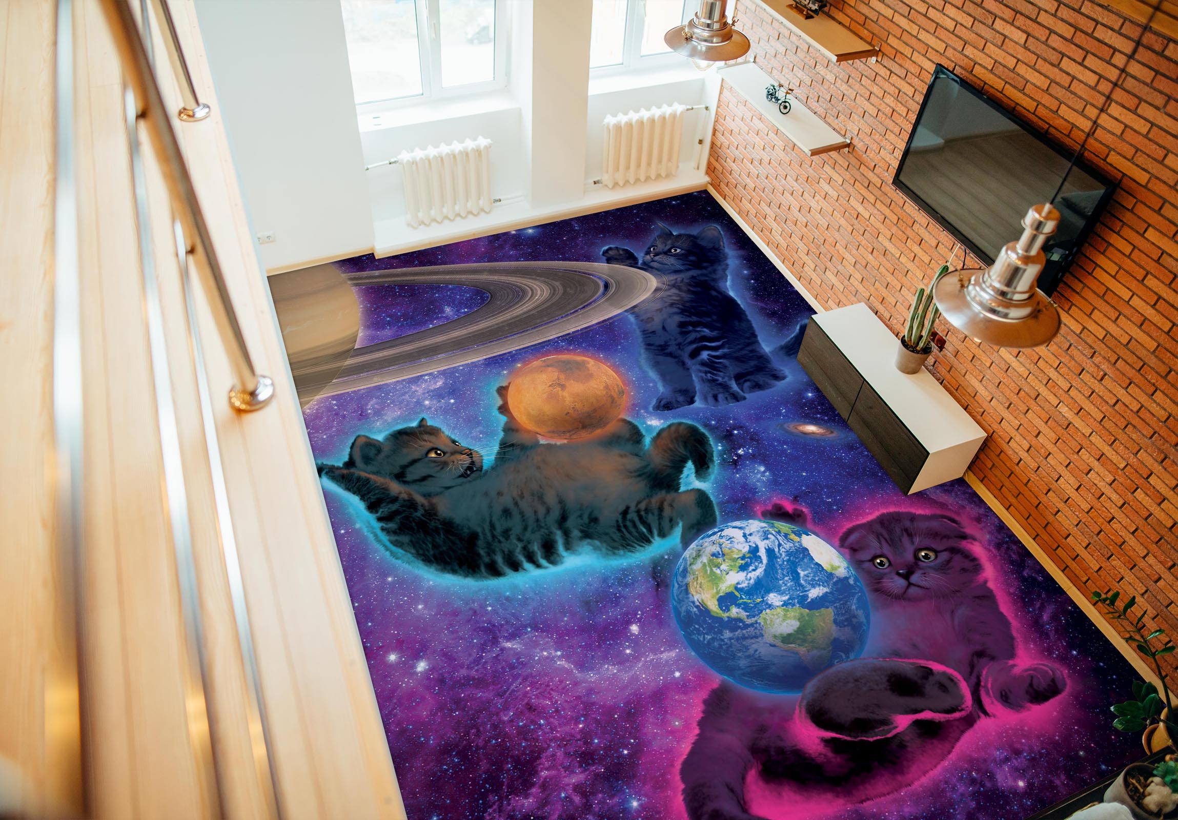 3D Cat Space Planet 98177 Vincent Floor Mural Wallpaper Murals Self-Adhesive Removable Print Epoxy