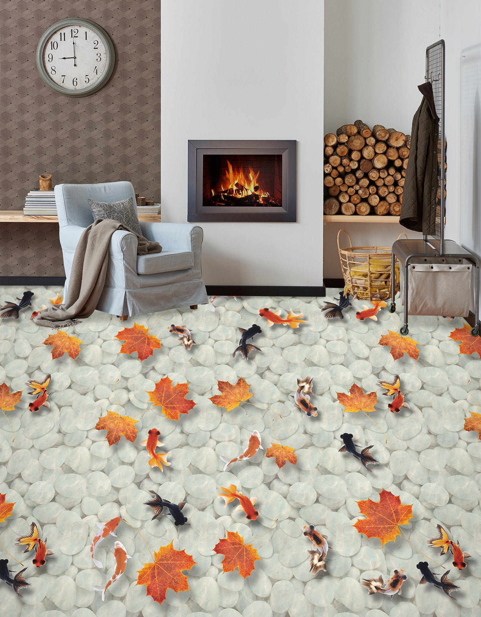 3D Black Goldfish And Fallen Leaves 264 Floor Mural