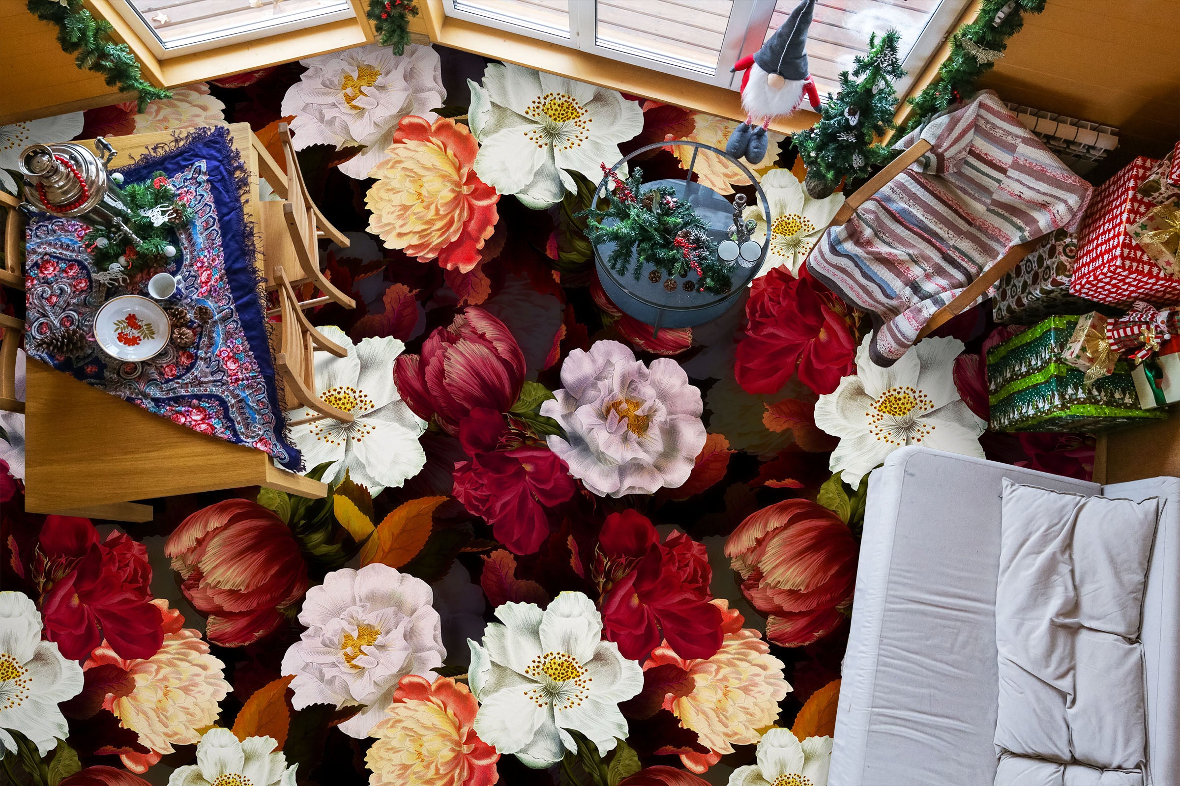 3D White Red Flower Clump 99228 Uta Naumann Floor Mural Wallpaper Murals Self-Adhesive Removable Print Epoxy