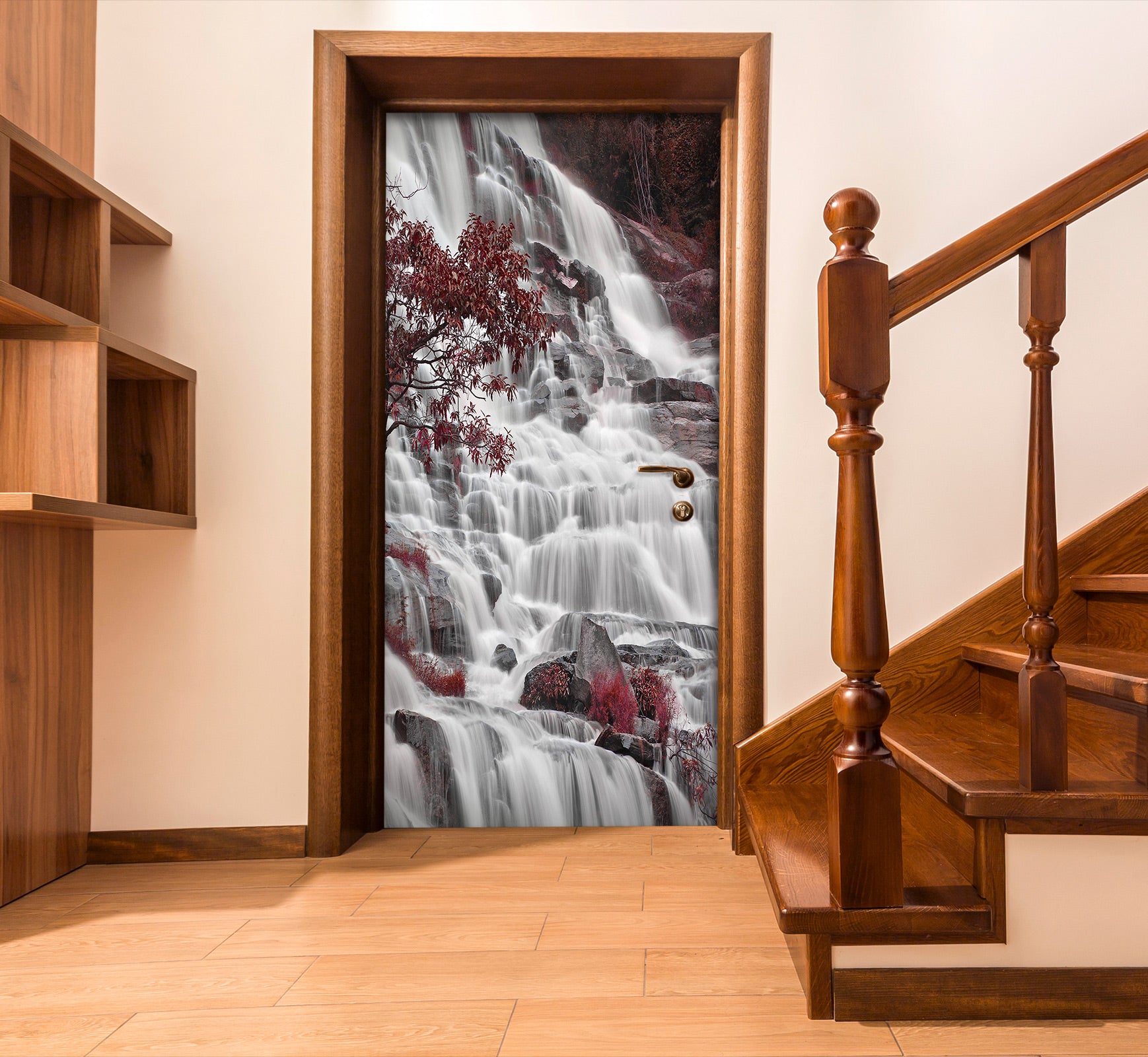 3D Waterfall Red Tree 007 Door Mural