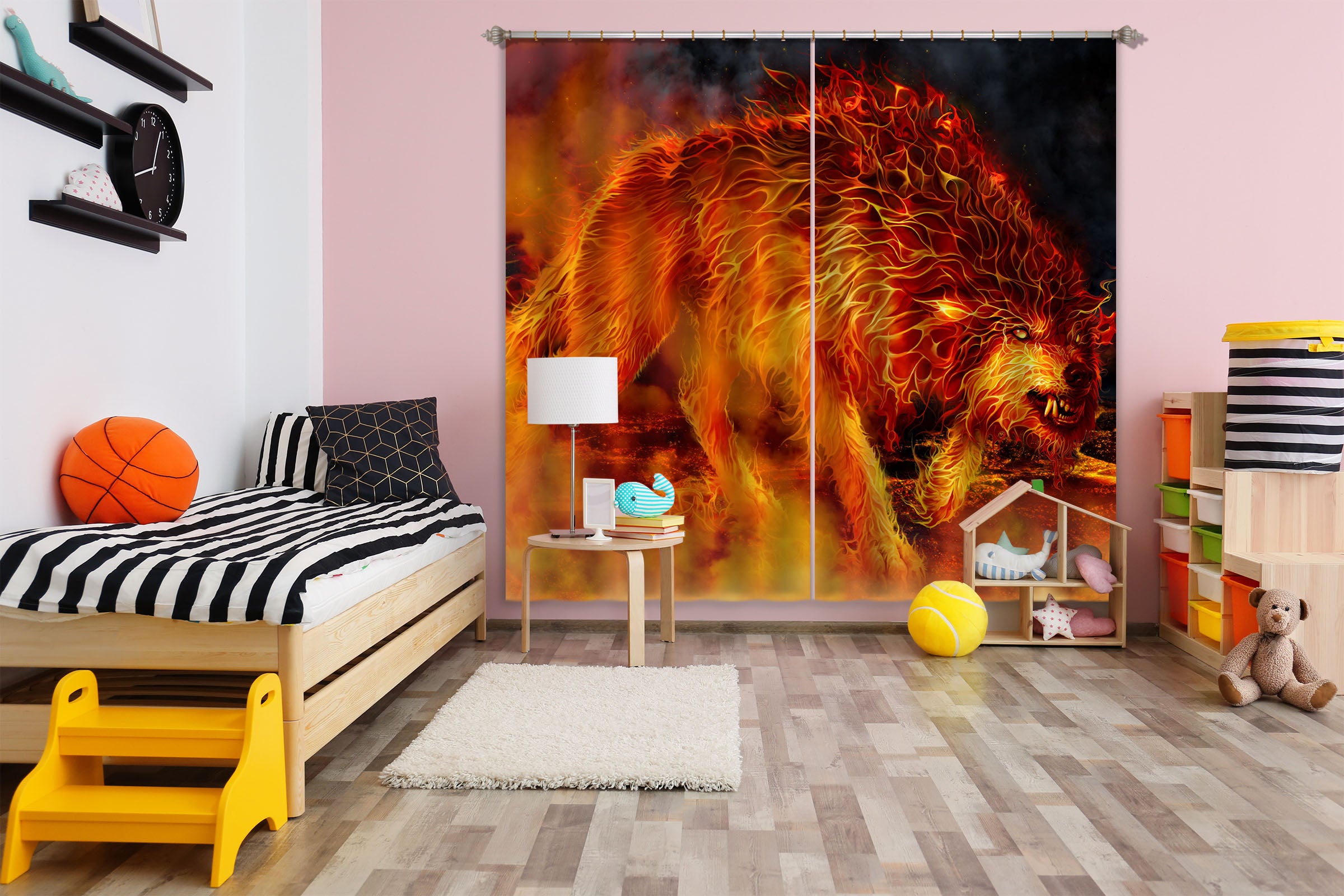 3D Flaming Wolf 5093 Tom Wood Curtain Curtains Drapes