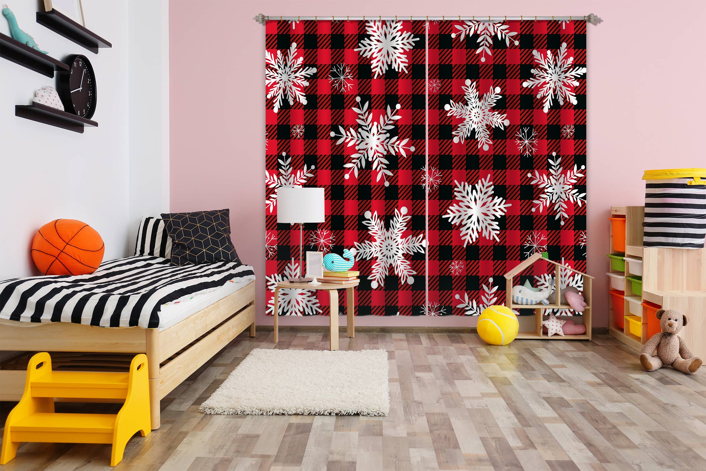 3D Snowflake Black Red Plaid 53136 Christmas Curtains Drapes Xmas