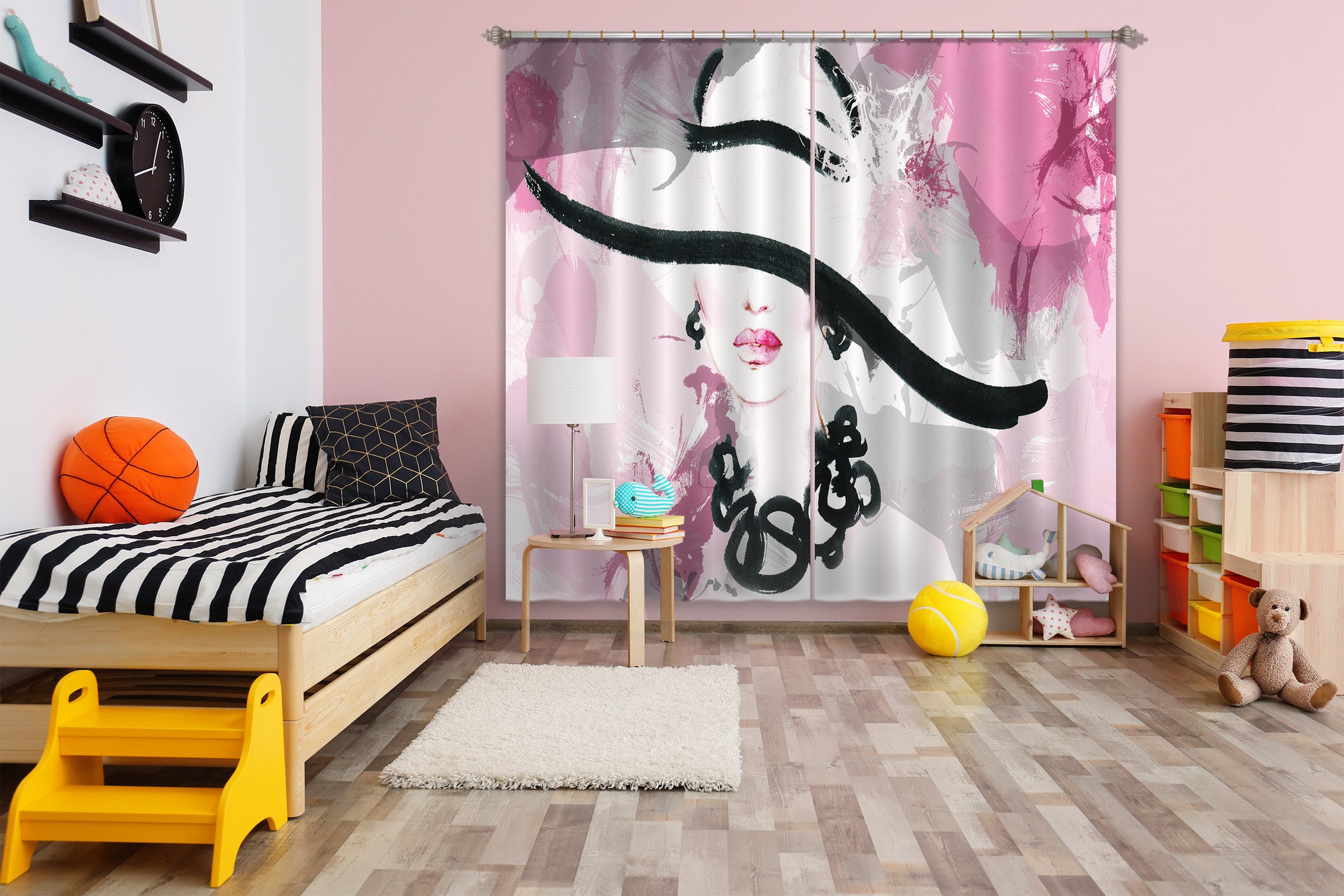 3D White Hat Lady 014 Curtains Drapes