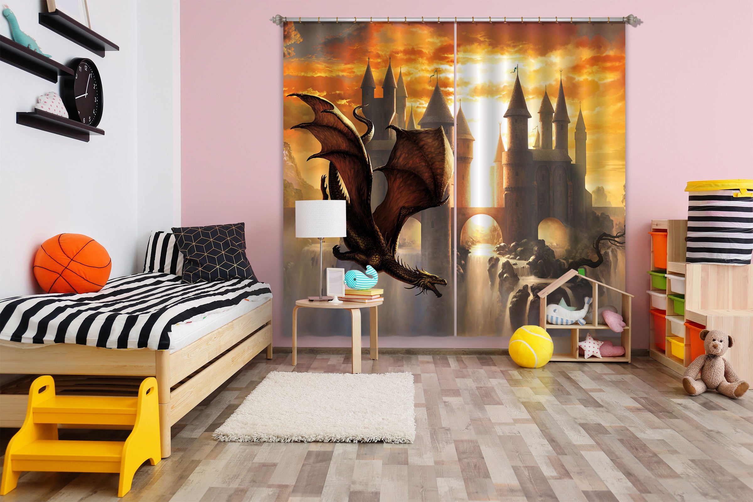 3D Sunset Castle Dragon 7203 Ciruelo Curtain Curtains Drapes