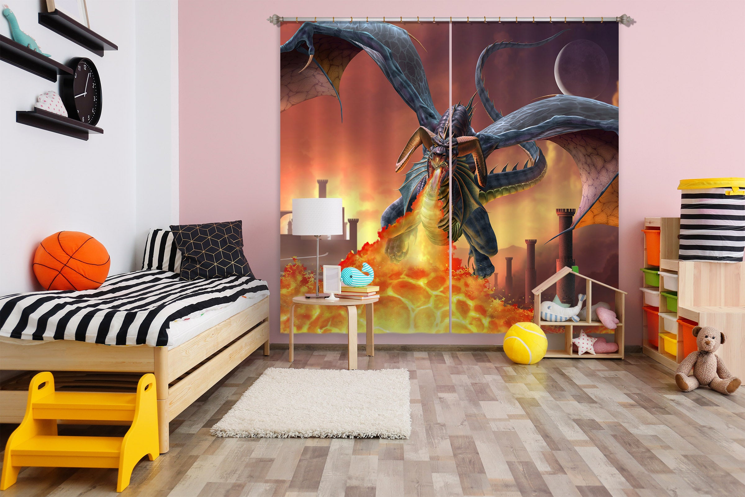 3D Flame Flying Dragon 5071 Tom Wood Curtain Curtains Drapes