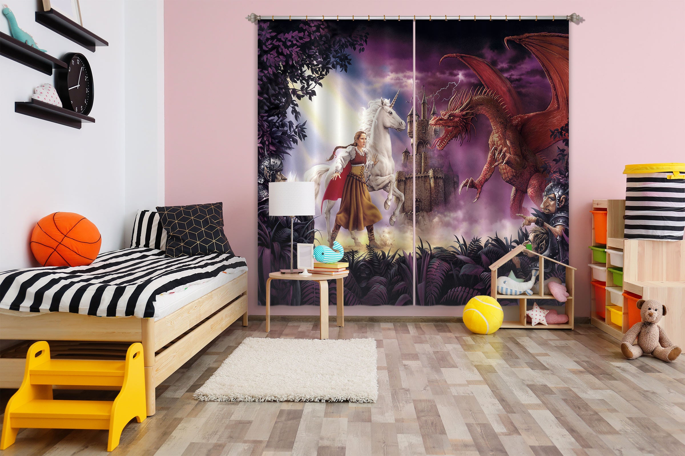 3D Castle White Unicorn Red Dragon 7174 Ciruelo Curtain Curtains Drapes