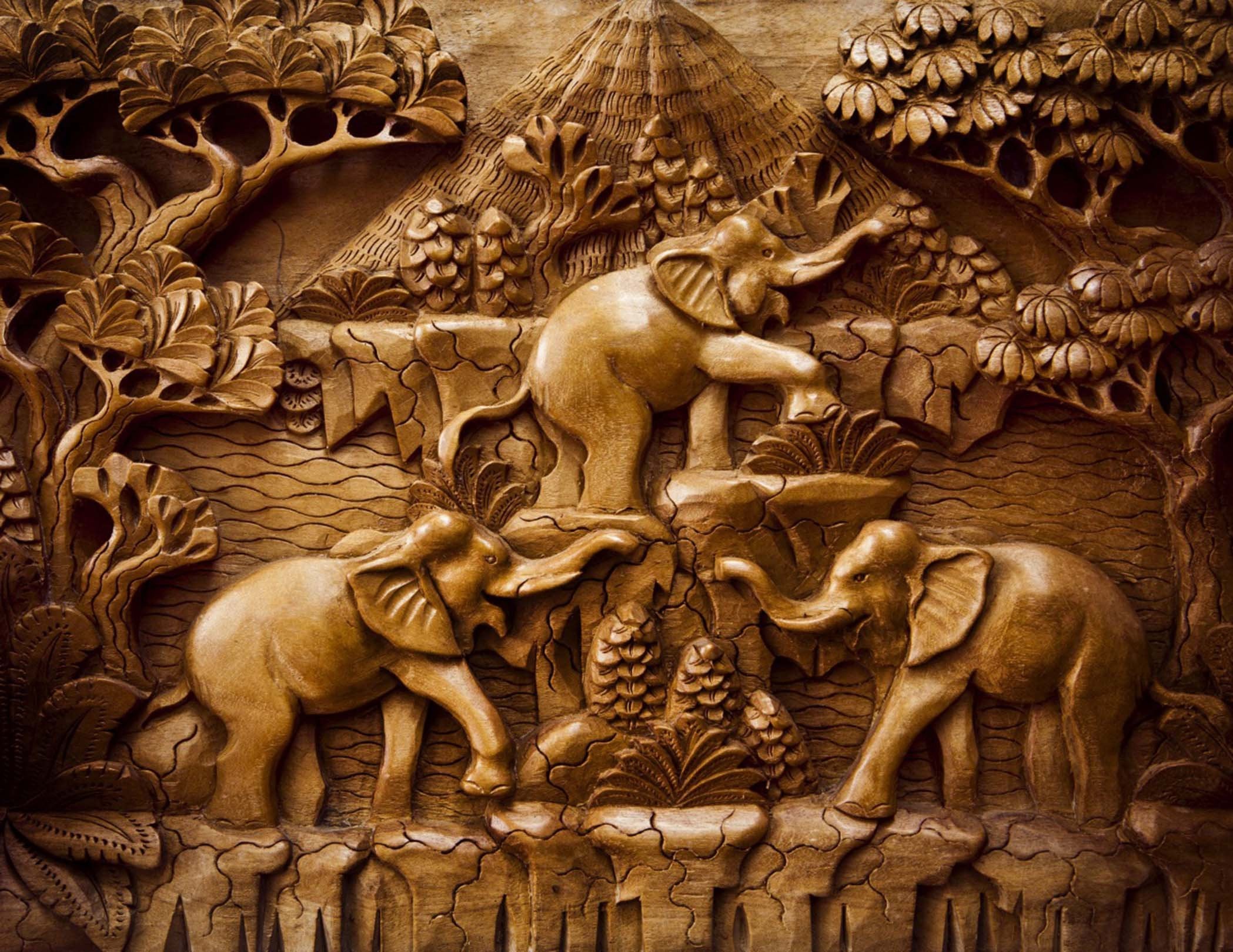 3D Elephants Wood Carvings 427 Garage Door Mural Wallpaper AJ Wallpaper