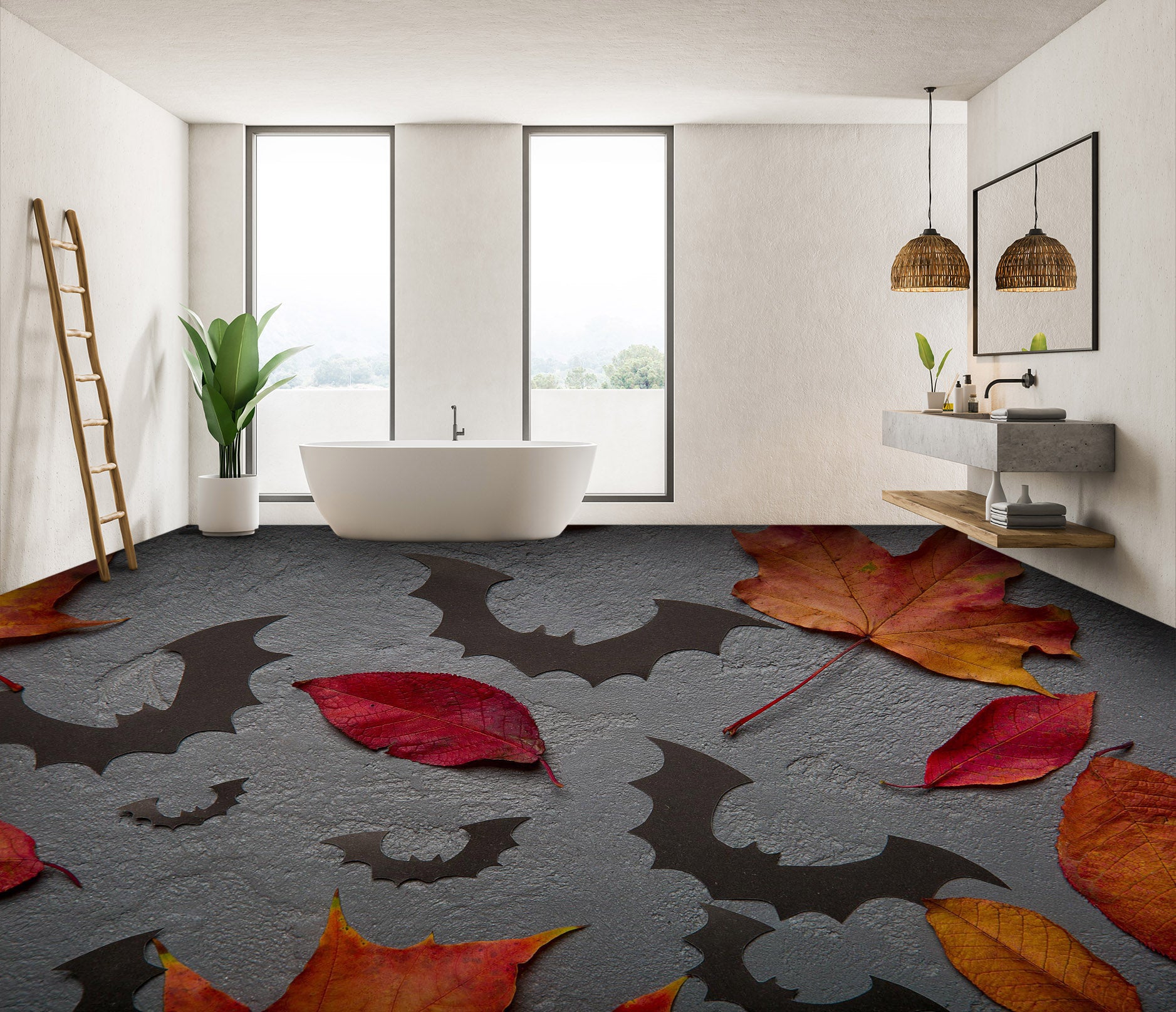 3D Bat Leaves 011 Floor Mural Self-Adhesive Sticker Bathroom Non-slip Waterproof Flooring Murals