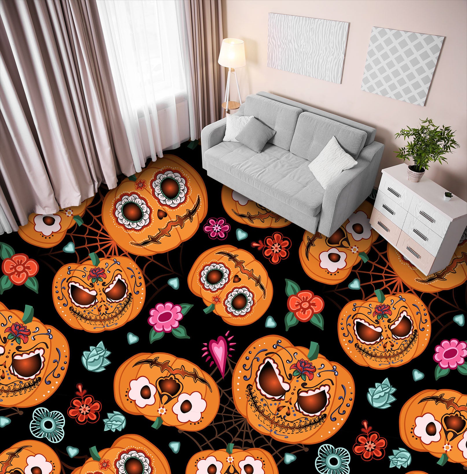 3D Emoji Pumpkin 013 Floor Mural Self-Adhesive Sticker Bathroom Non-slip Waterproof Flooring Murals
