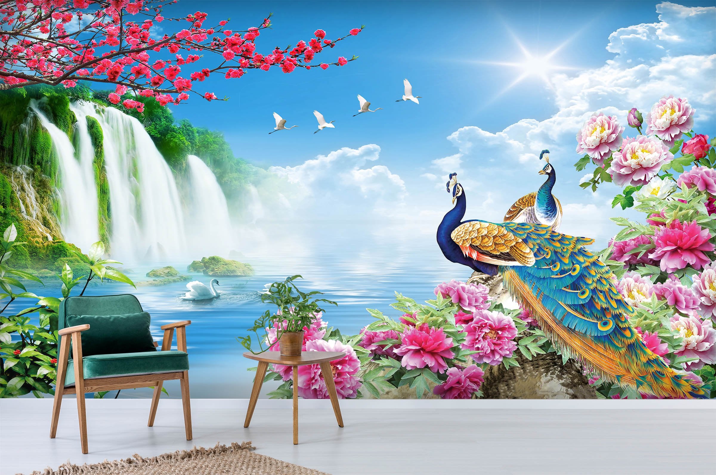 3D Beautiful Peacock And Waterfall Wallpaper AJ Wallpaper 1