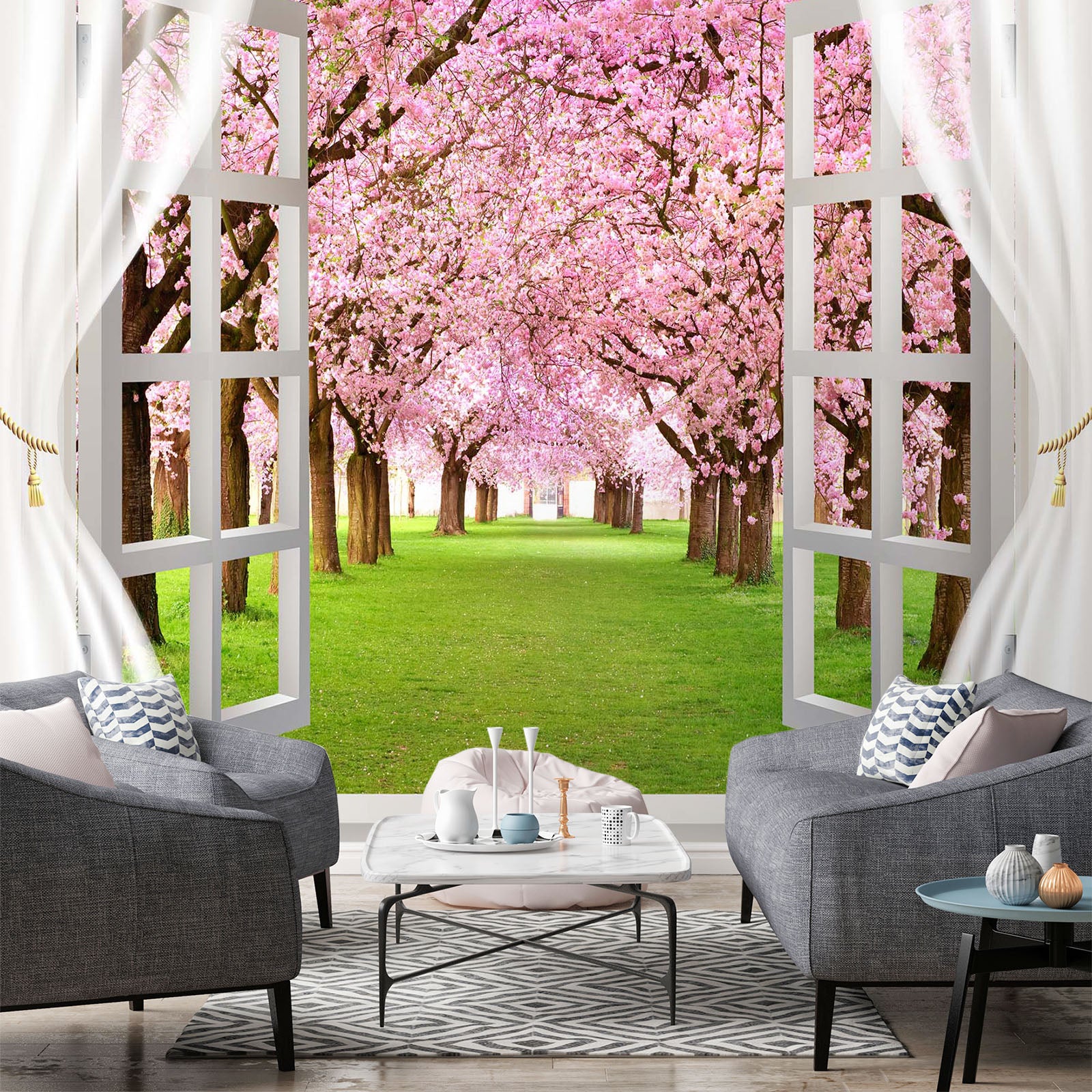3D Window Cherry Forest 011 Wall Murals