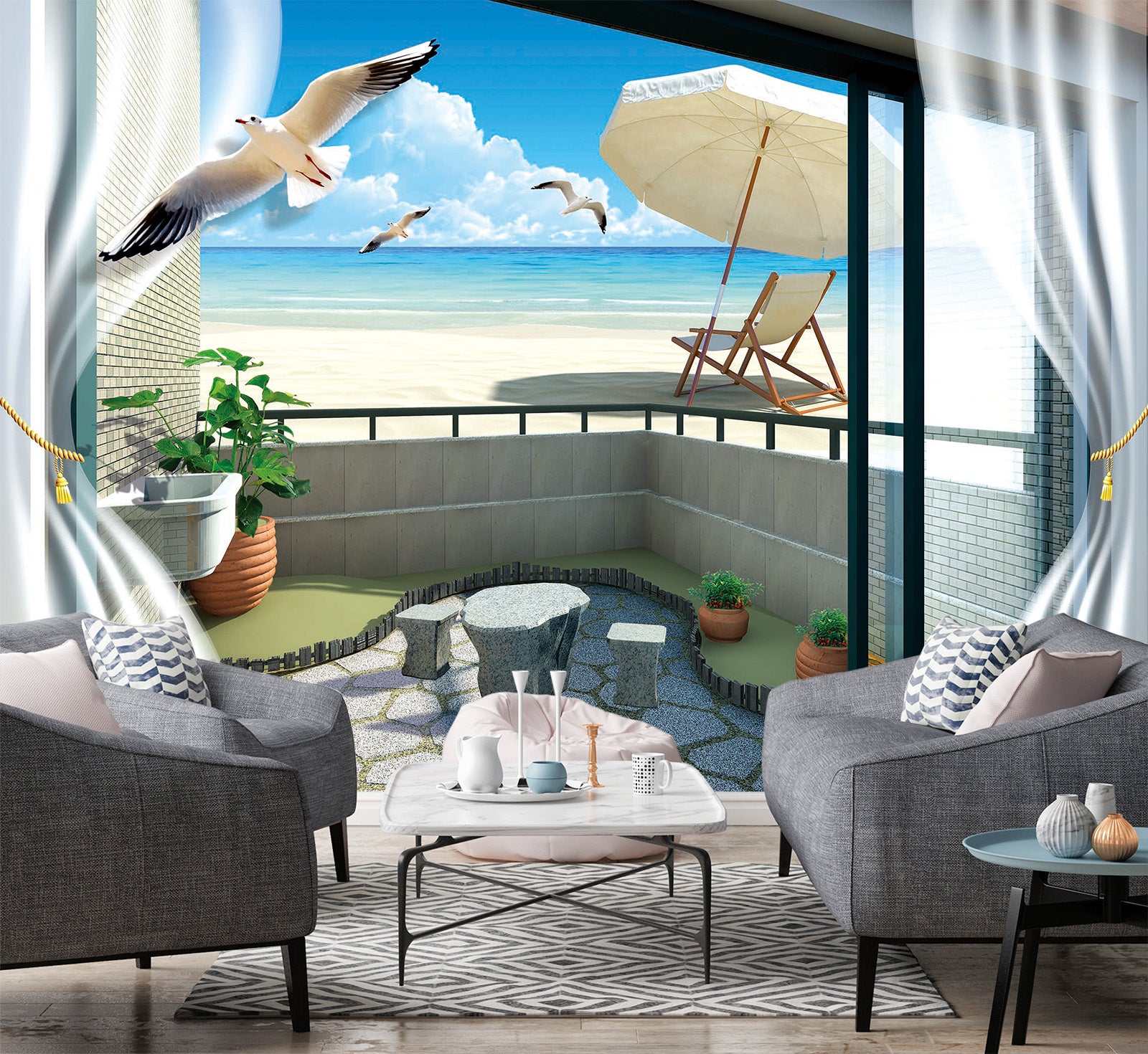 3D Seagull Sea 1516 Wall Murals
