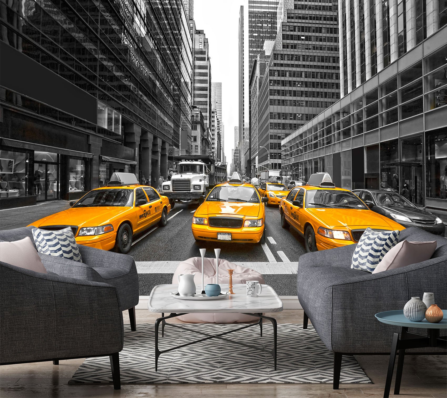 3D Yellow Taxi 307 Vehicle Wall Murals